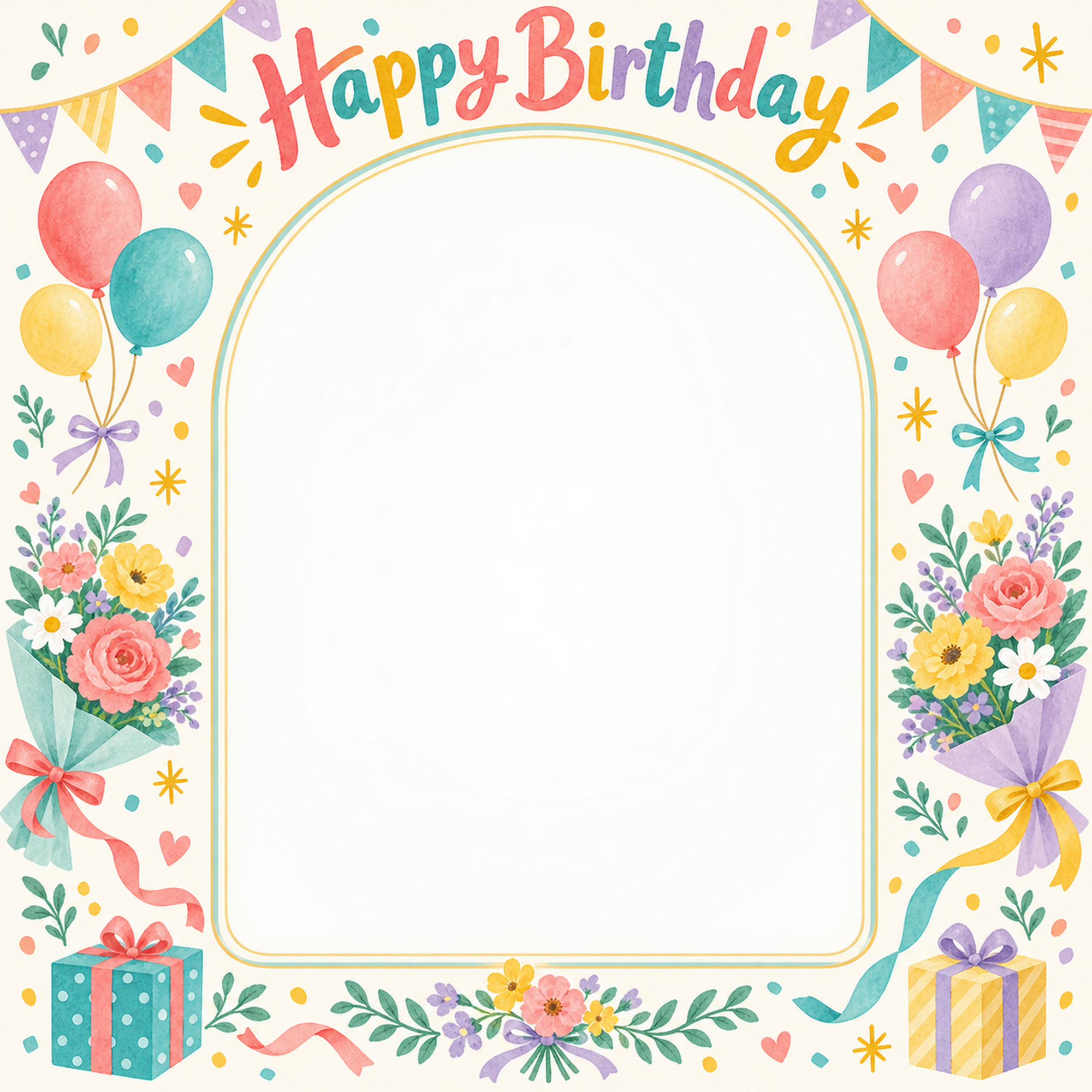 花束とガーランドの誕生日写真フレーム｜カラフルパーティー・無料イラスト 100685に写真・文字を入れる