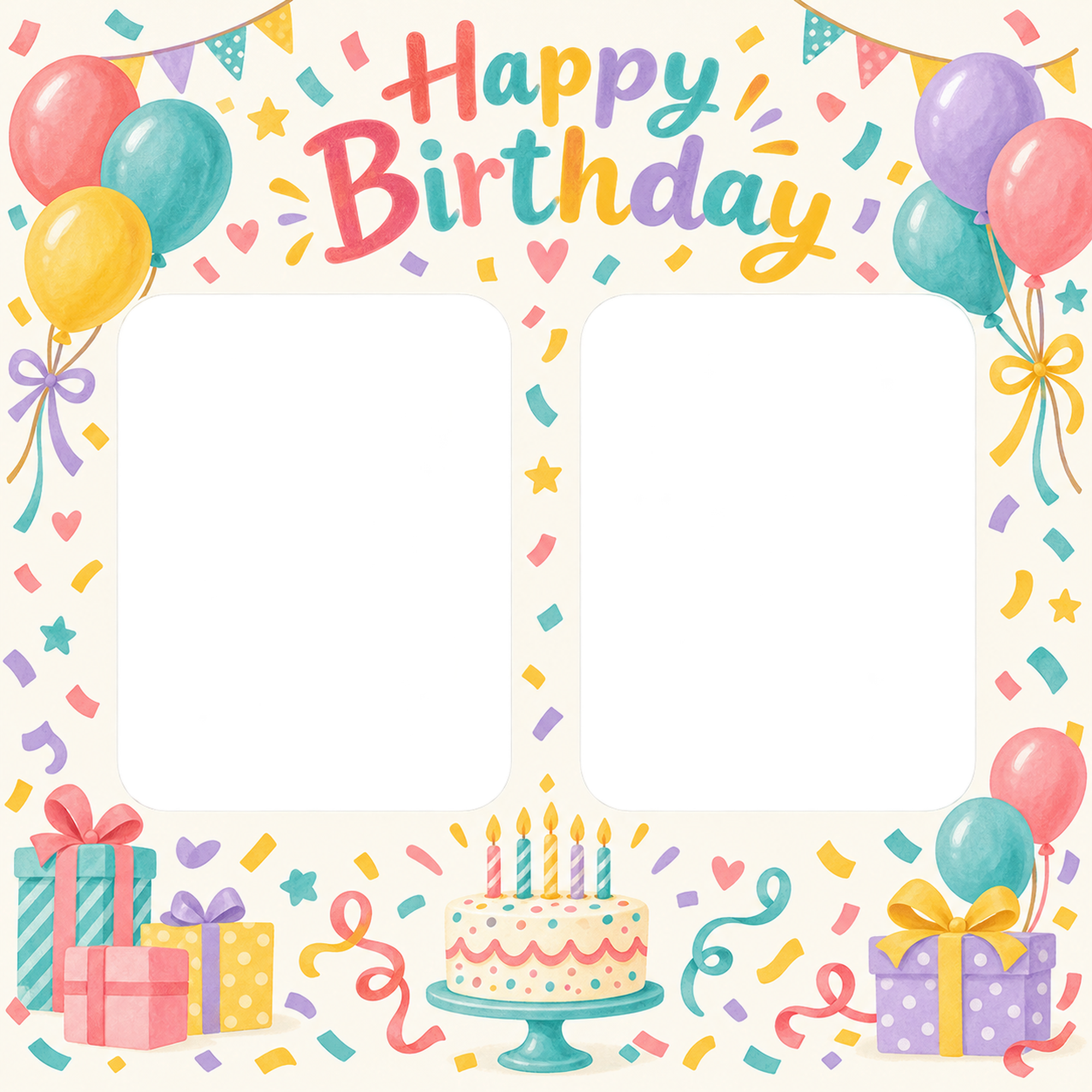 紙吹雪と風船の誕生日写真フレーム｜カラフルパーティー・無料イラスト 100686に写真・文字を入れる