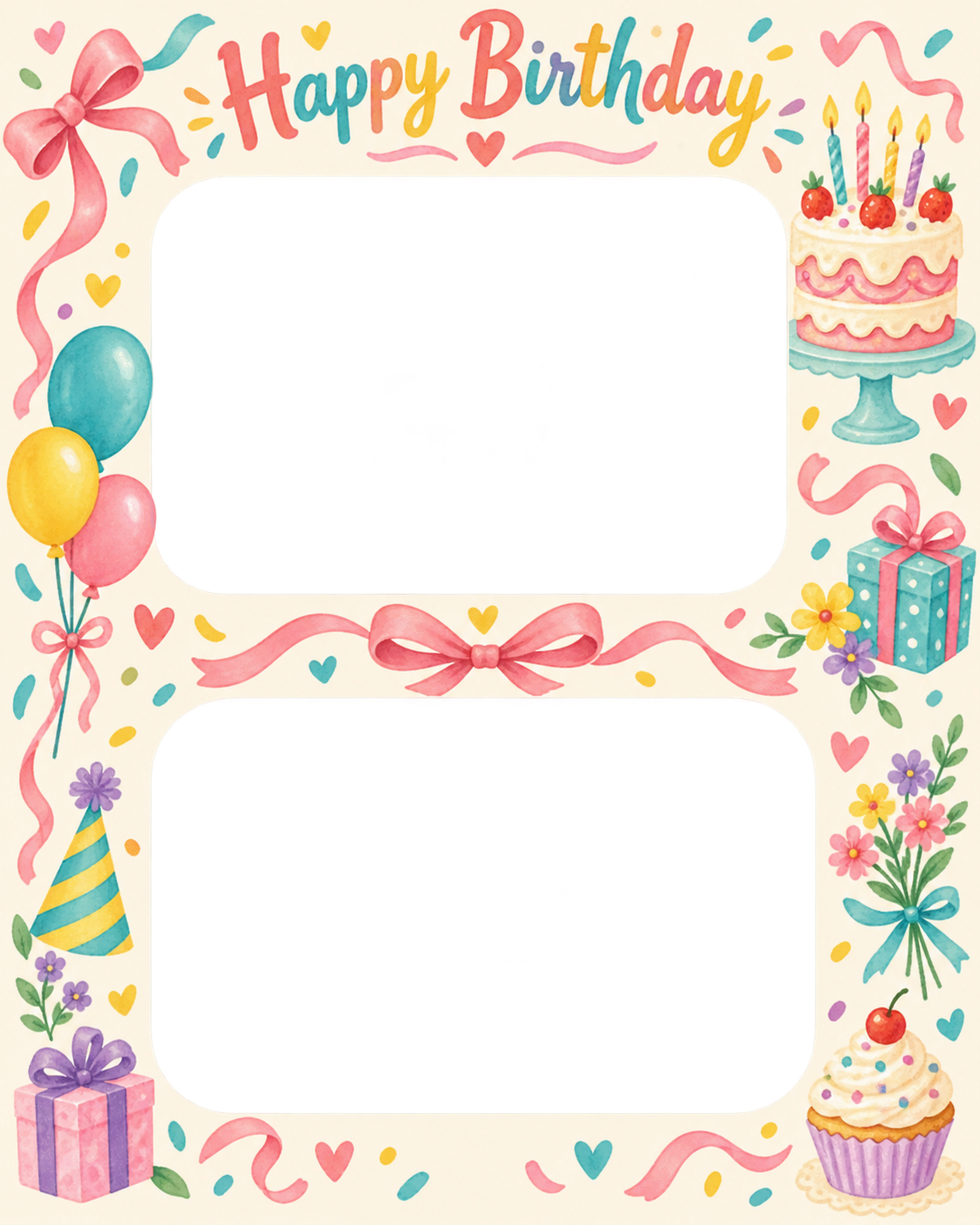 リボンとケーキの誕生日写真フレーム｜カラフルパーティー・無料イラスト 100687に写真・文字を入れる