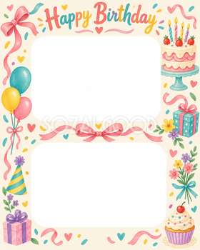 リボンとケーキの誕生日写真フレーム｜カラフルパーティー・無料イラスト 100687