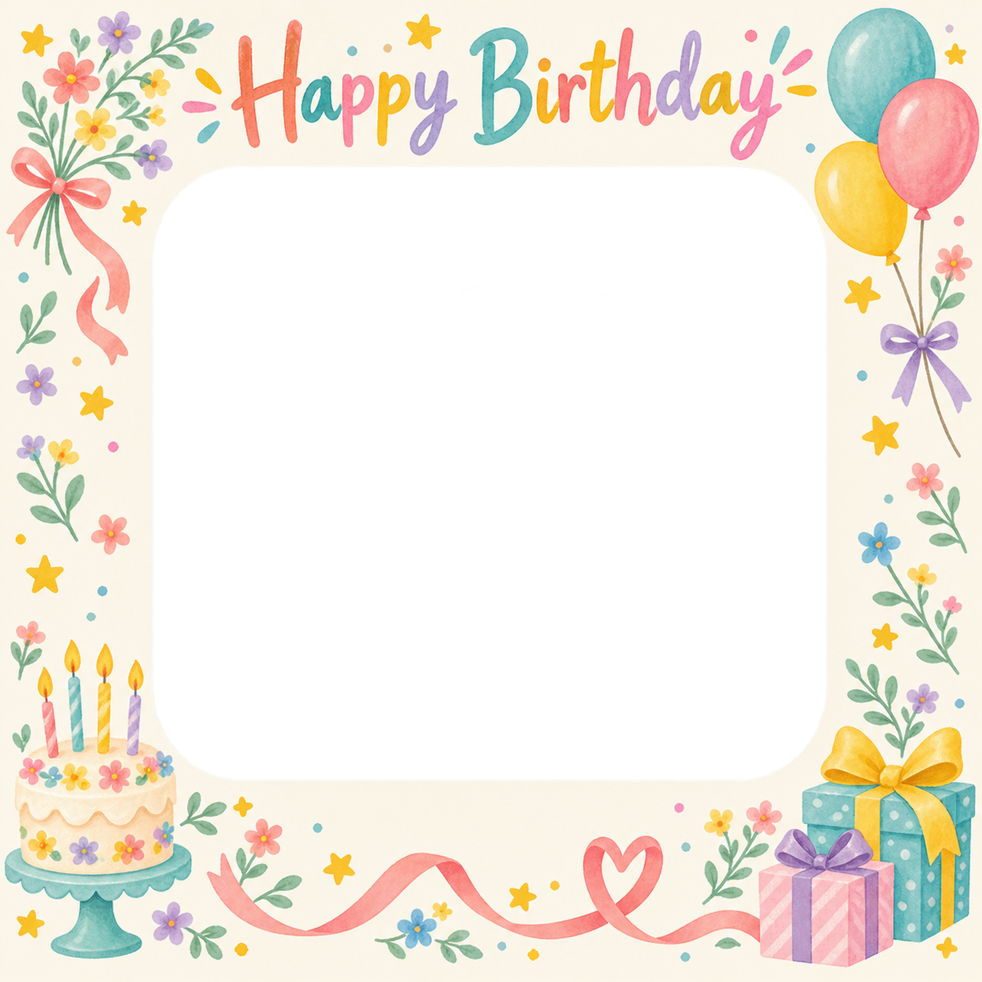 小花と星の誕生日写真フレーム｜カラフルパーティー・無料イラスト 100688に写真・文字を入れる
