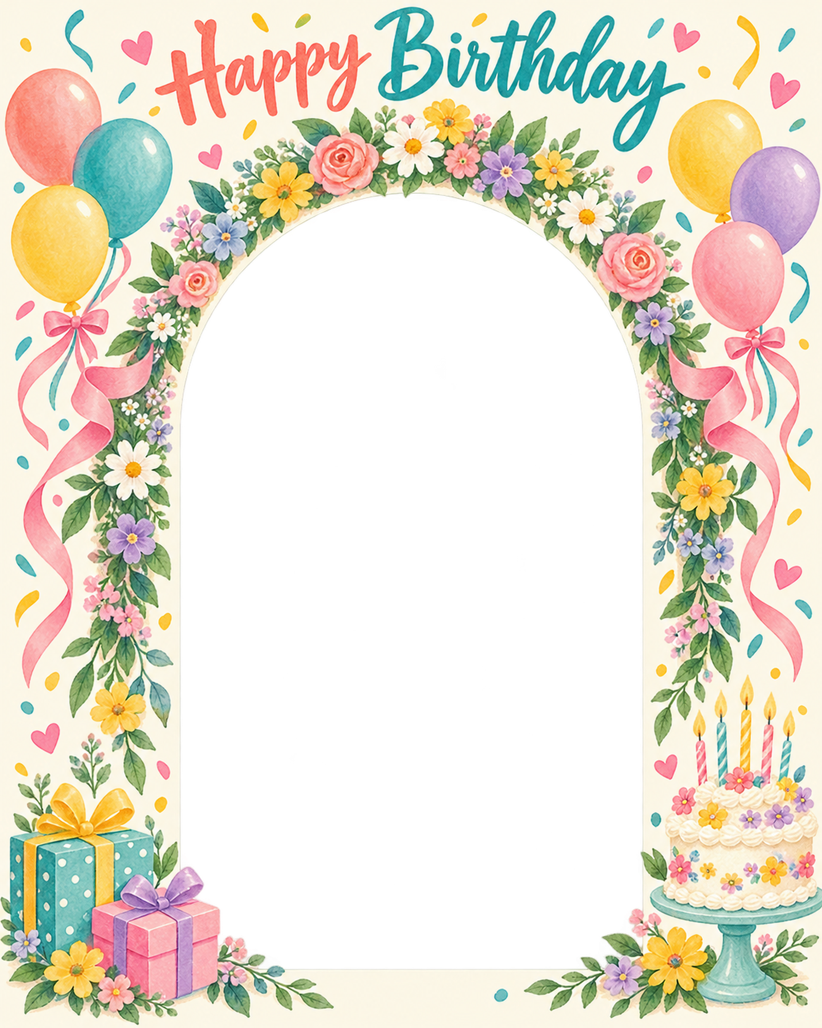 花のアーチの誕生日写真フレーム｜カラフルパーティー・無料イラスト 100690に写真・文字を入れる