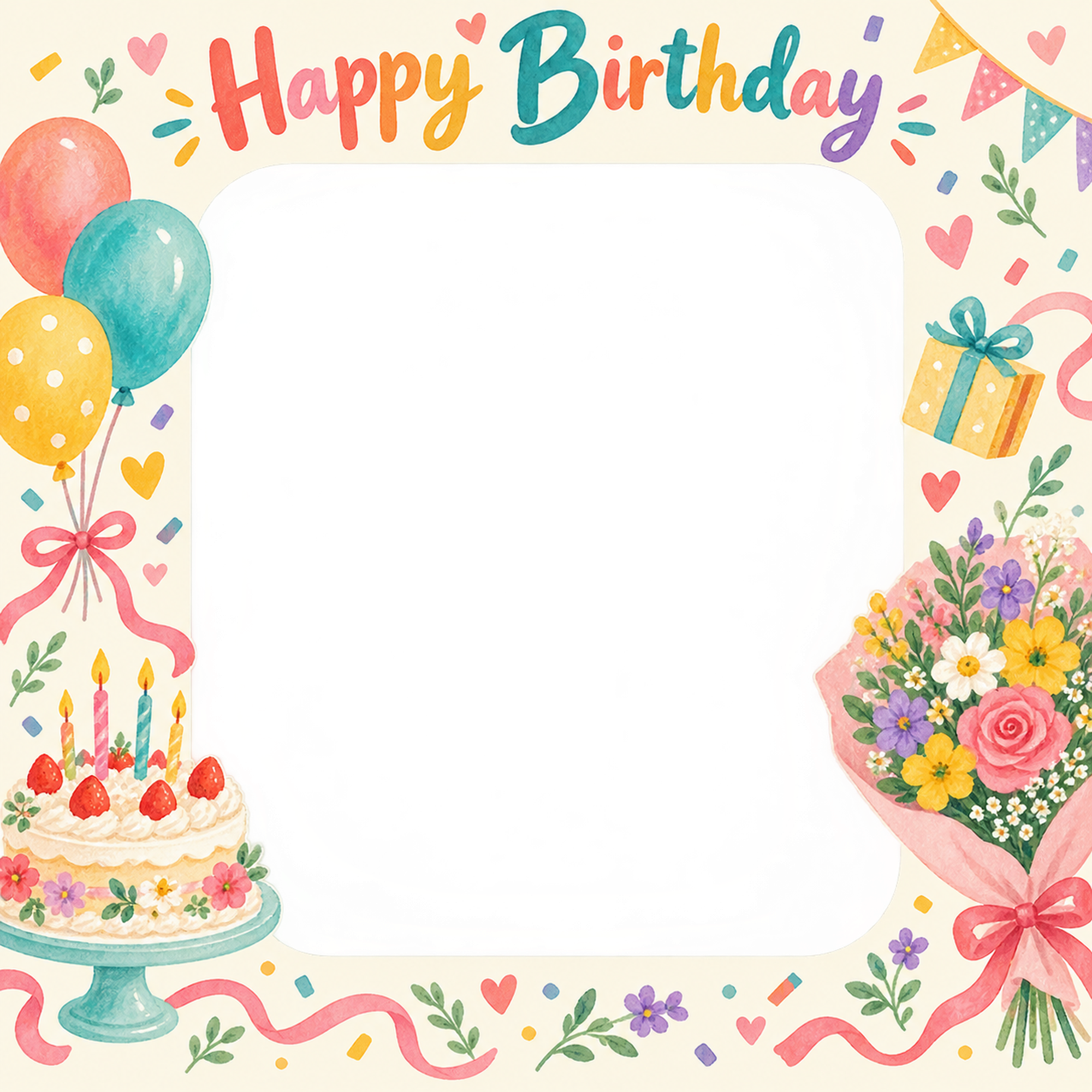 ケーキと花束の誕生日写真フレーム｜カラフルパーティー・無料イラスト 100691に写真・文字を入れる