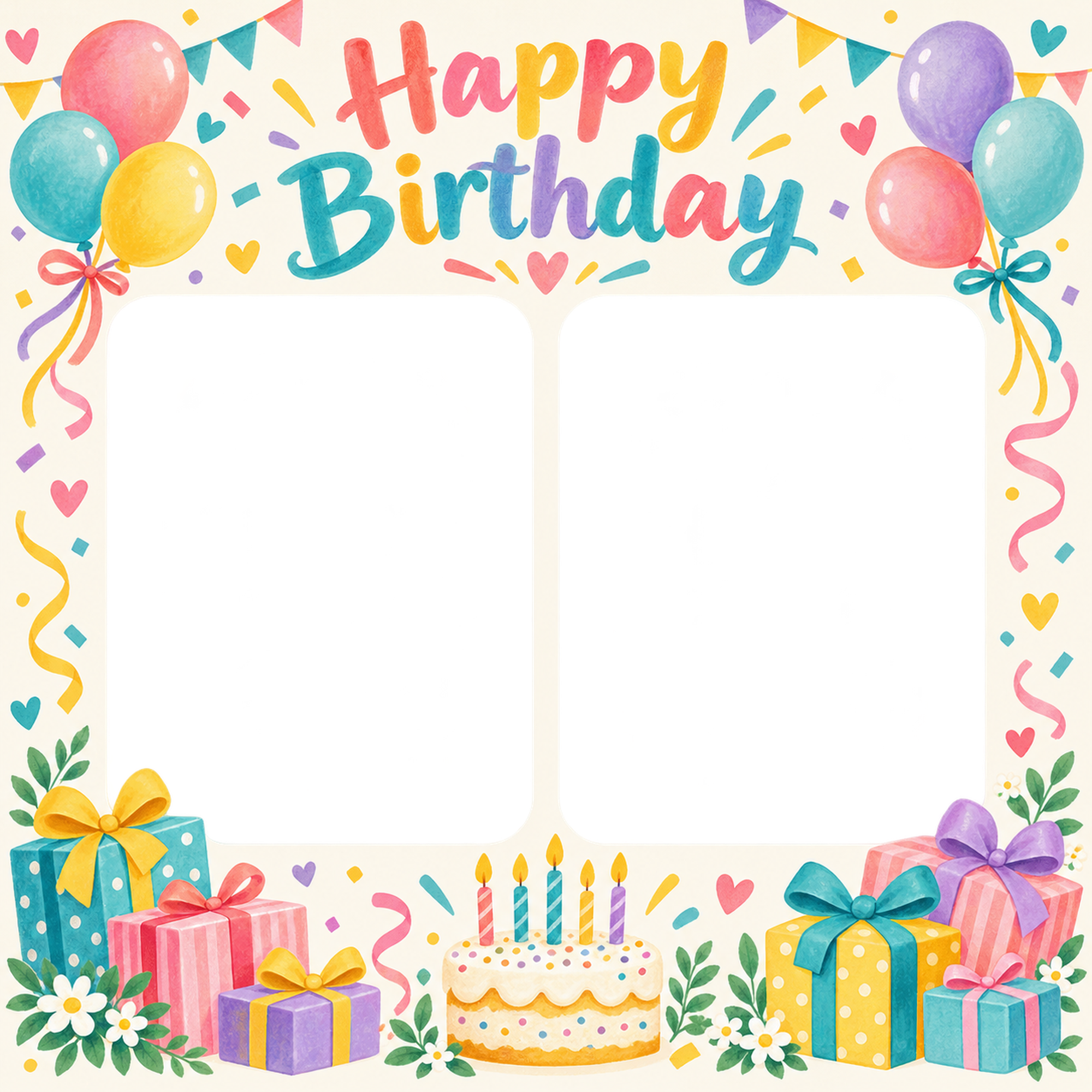風船と贈り物の誕生日写真フレーム｜カラフルパーティー・無料イラスト 100692に写真・文字を入れる