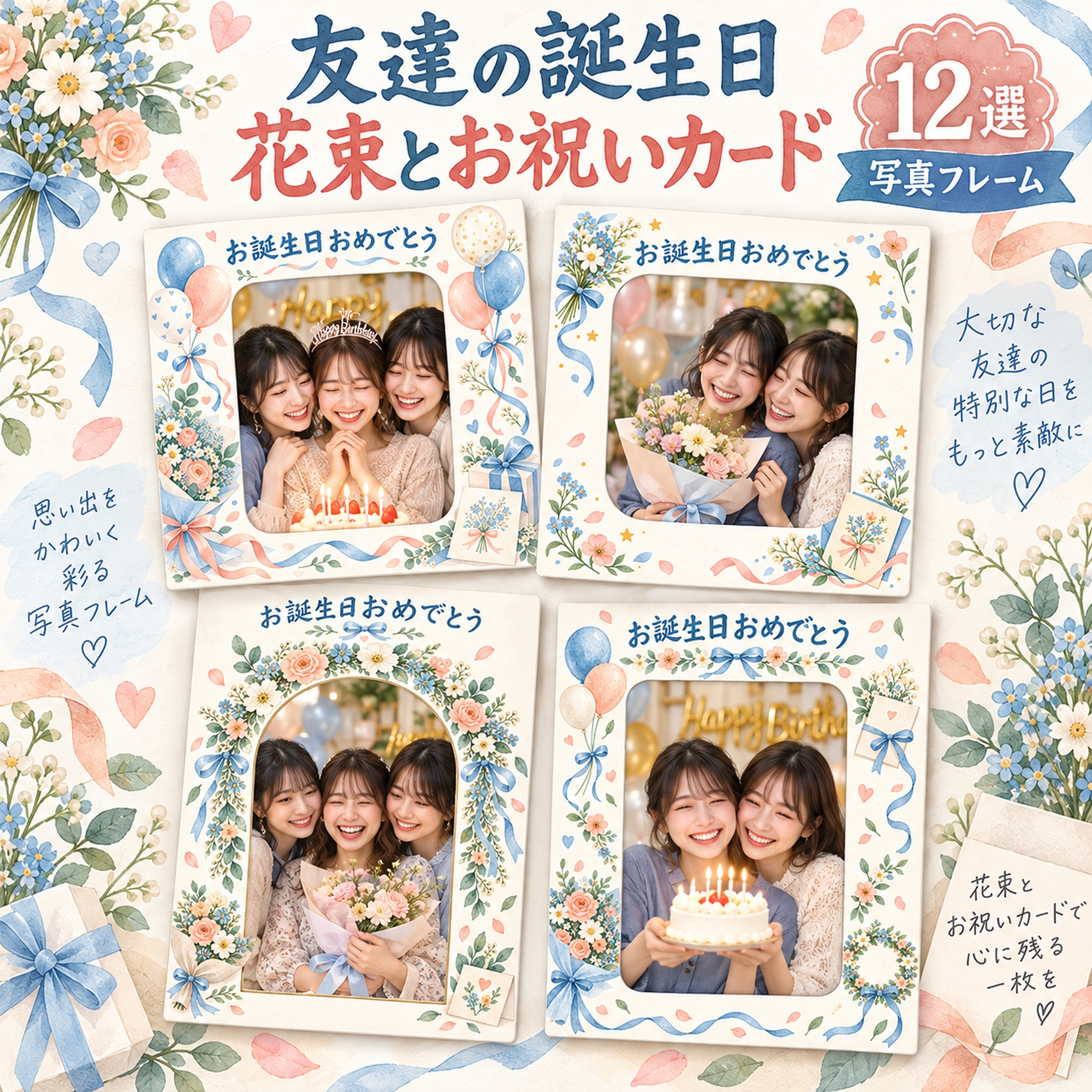 友達向け誕生日写真フレーム12選｜花束とお祝いカードの無料イラスト素材 100694に写真・文字を入れる
