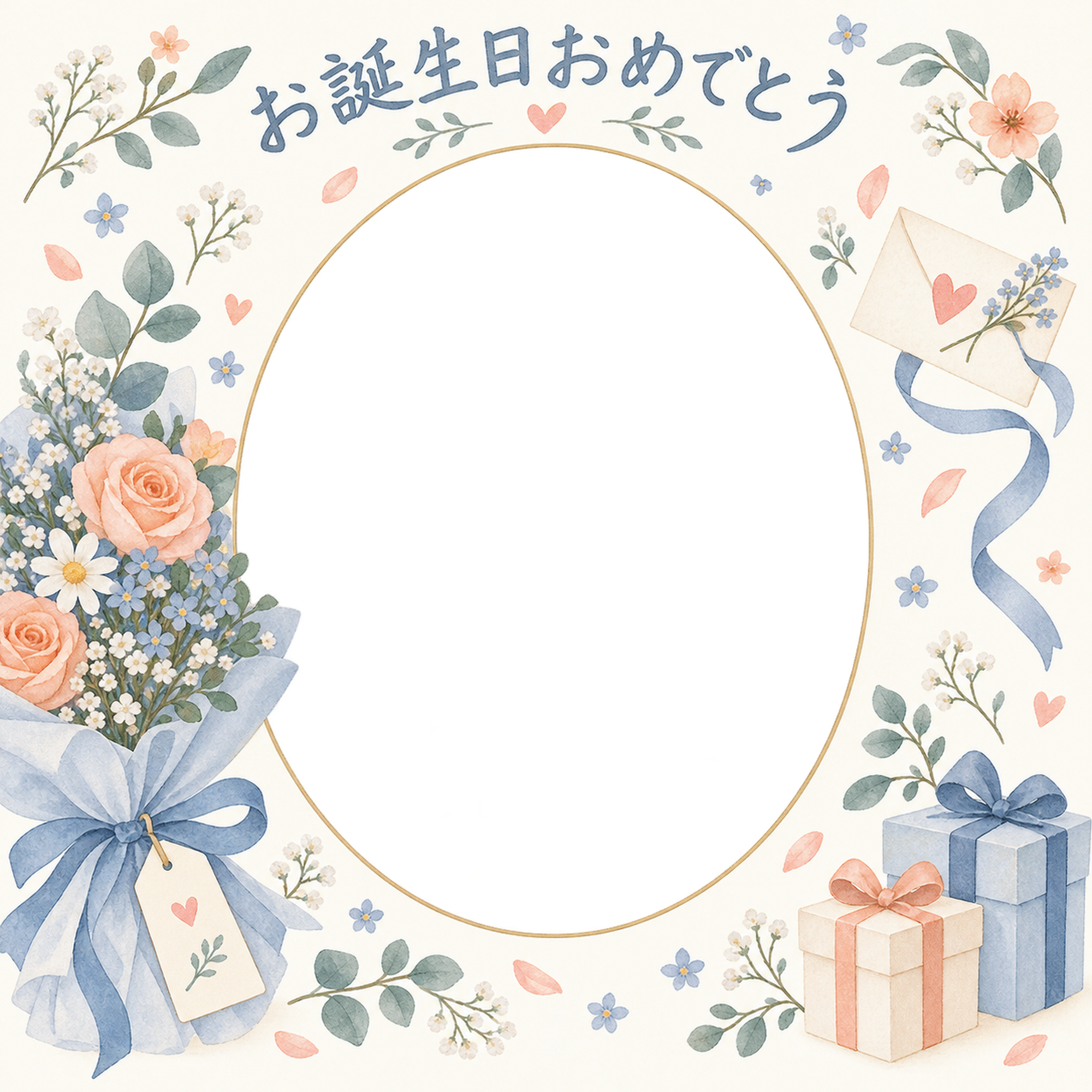 贈り物と小花の誕生日写真フレーム｜花束とお祝いカード・無料イラスト 100697に写真・文字を入れる