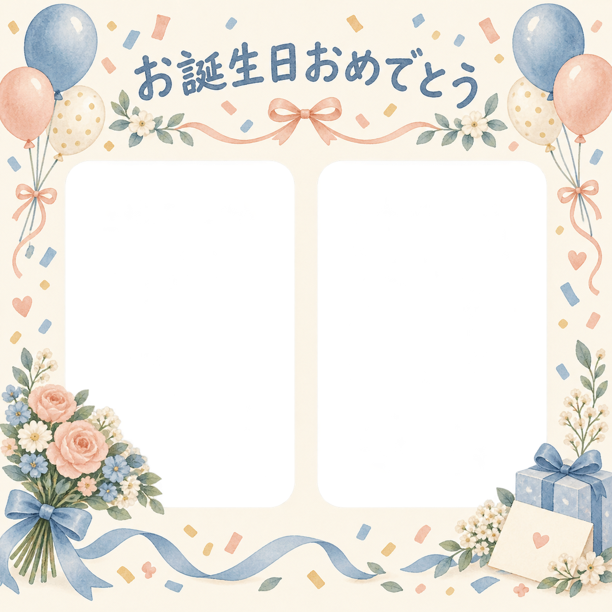 紙吹雪と風船の誕生日写真フレーム｜花束とお祝いカード・無料イラスト 100699に写真・文字を入れる