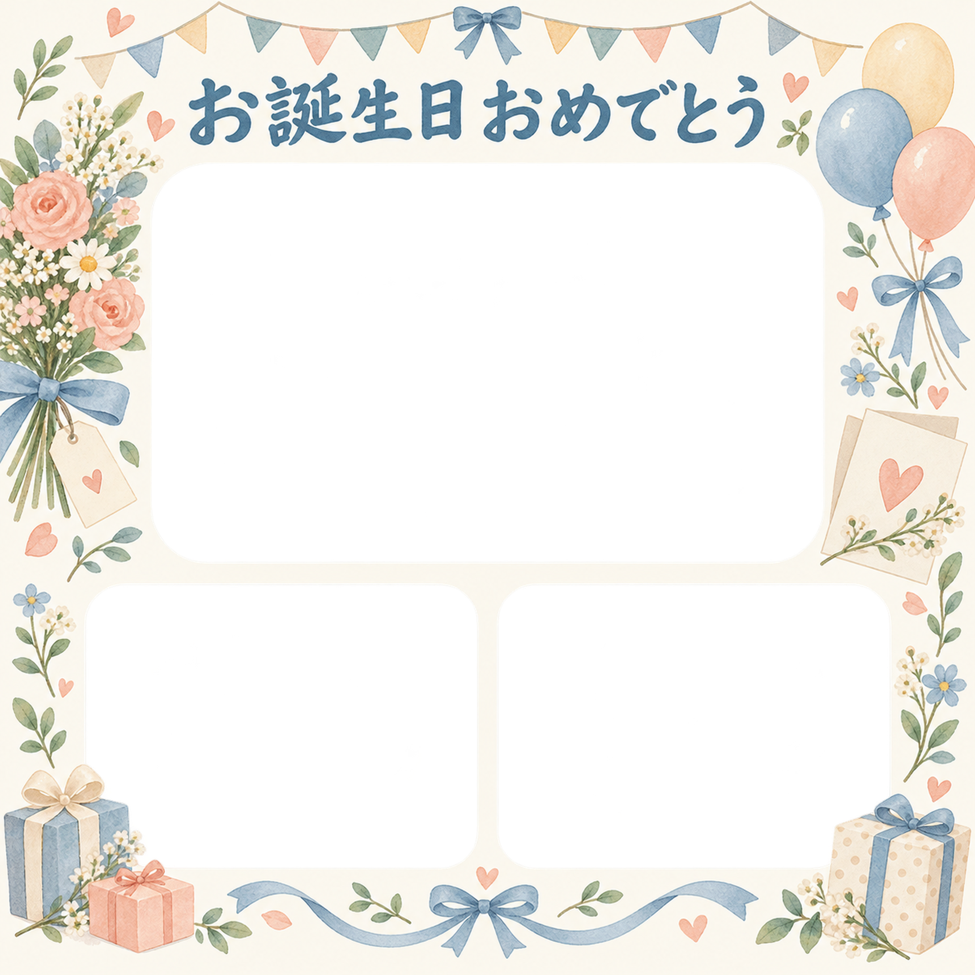 贈り物とガーランドの誕生日写真フレーム｜花束とお祝いカード・無料イラスト 100702に写真・文字を入れる