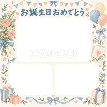 贈り物とガーランドの誕生日写真フレーム｜花束とお祝いカード・無料イラスト 100702