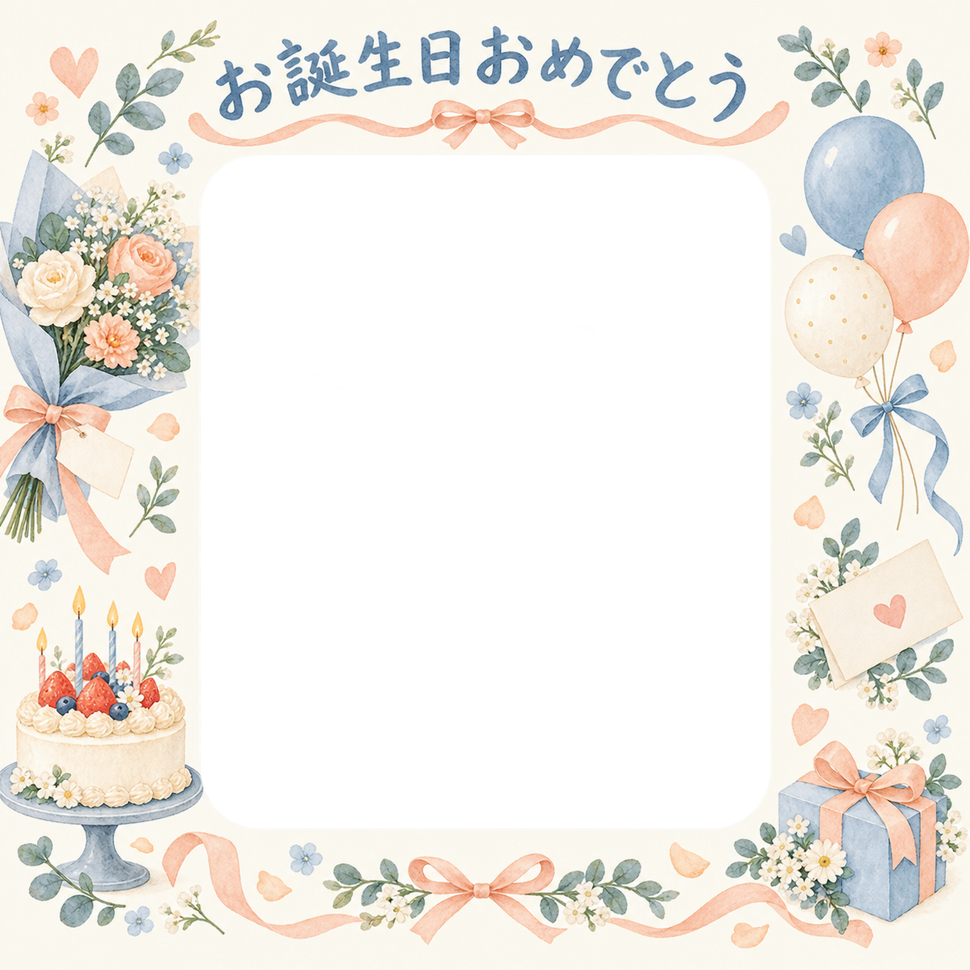 ケーキと花束の誕生日写真フレーム｜花束とお祝いカード・無料イラスト 100704に写真・文字を入れる