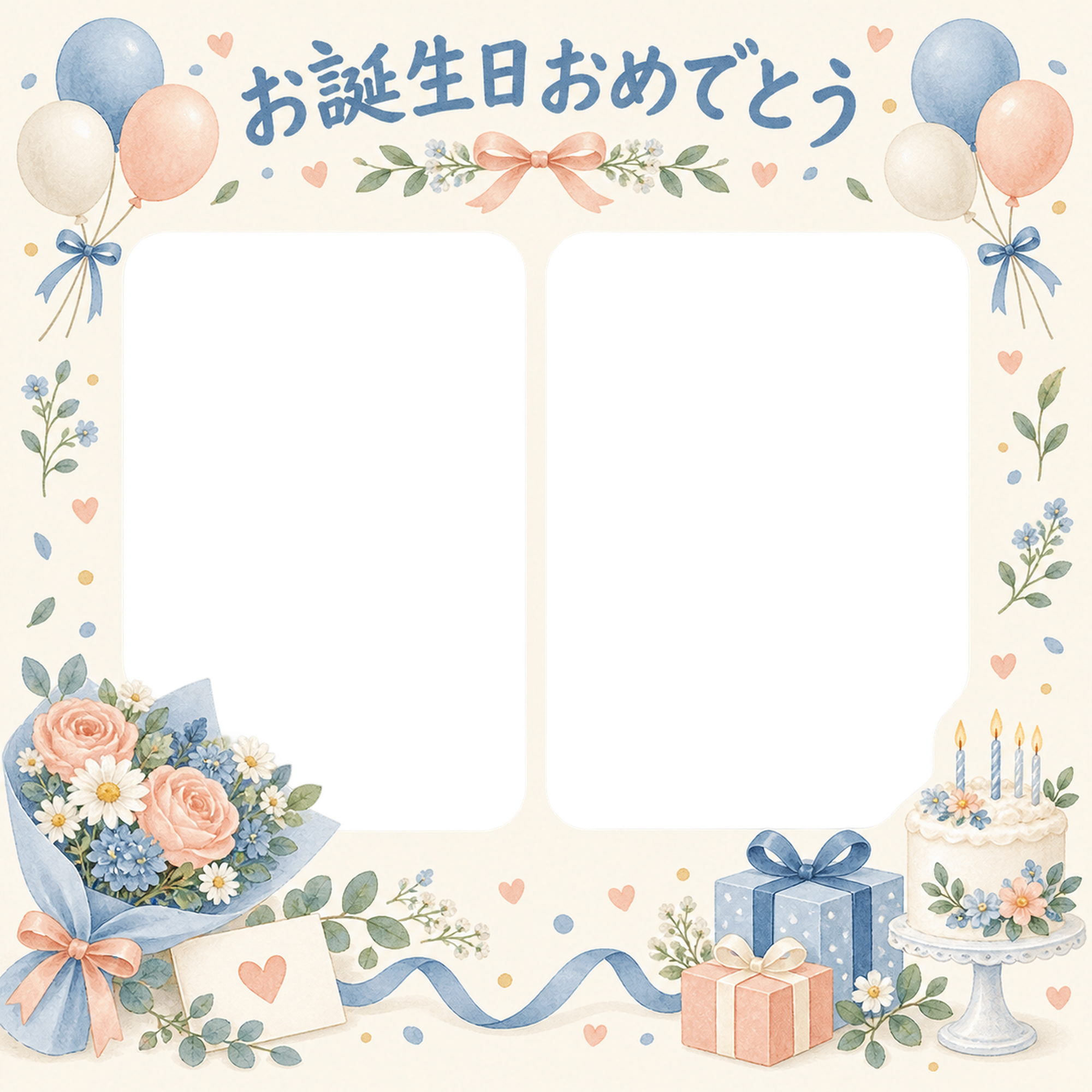 風船と贈り物の誕生日写真フレーム｜花束とお祝いカード・無料イラスト 100705に写真・文字を入れる
