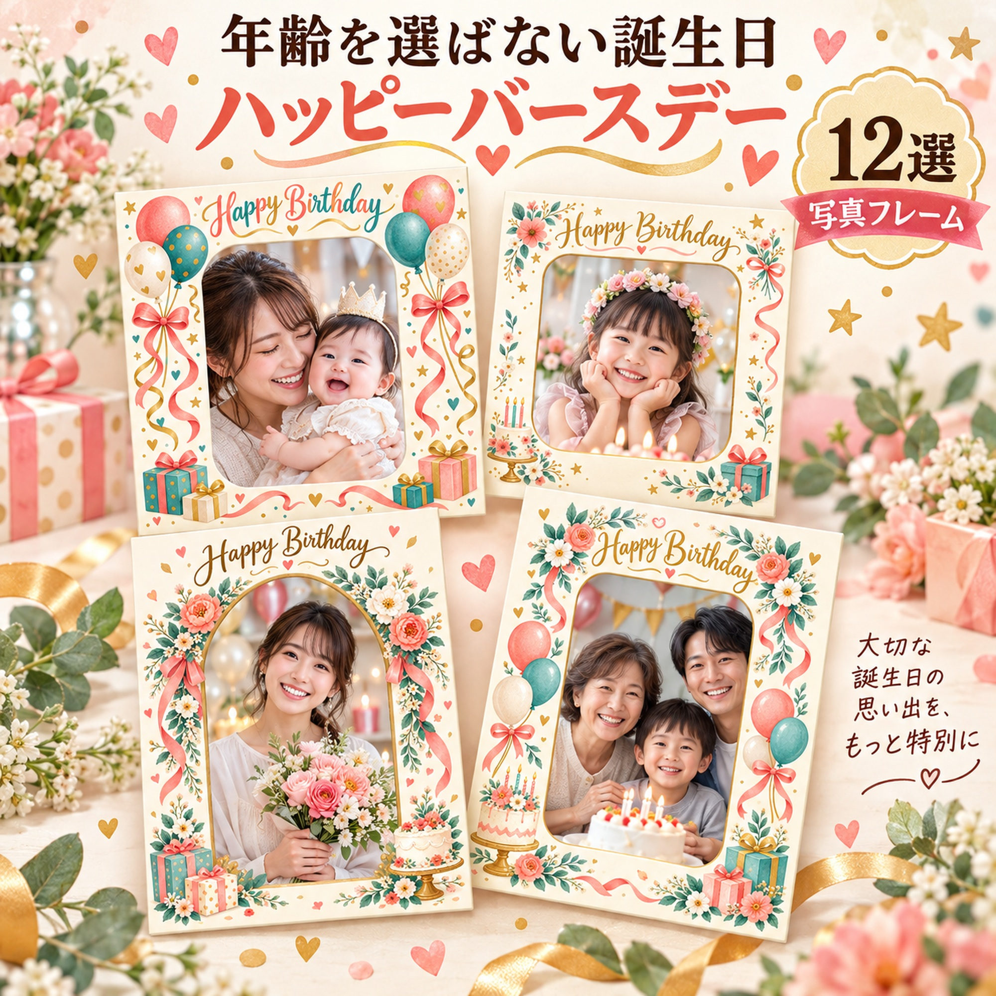 数字なし向け誕生日写真フレーム12選｜ハッピーバースデーの無料イラスト素材 100707に写真・文字を入れる