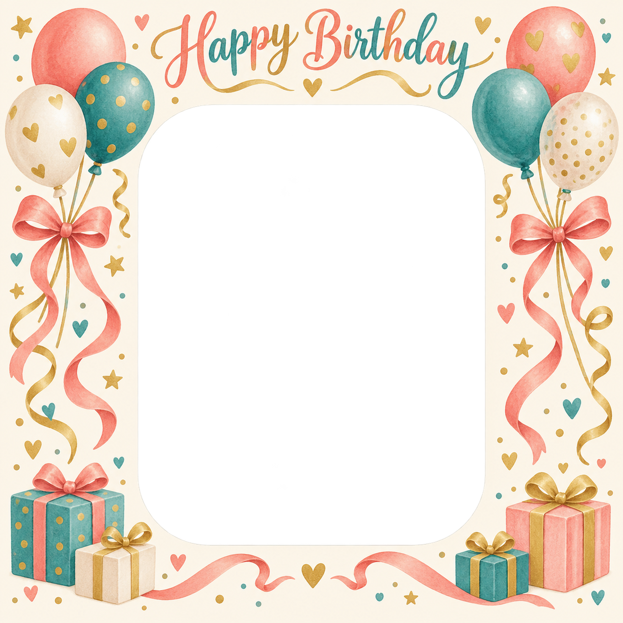 風船とリボンの誕生日写真フレーム｜ハッピーバースデー・無料イラスト 100708に写真・文字を入れる