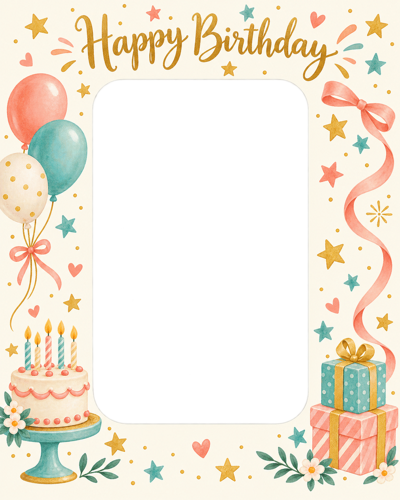 ケーキと星の誕生日写真フレーム｜ハッピーバースデー・無料イラスト 100709に写真・文字を入れる