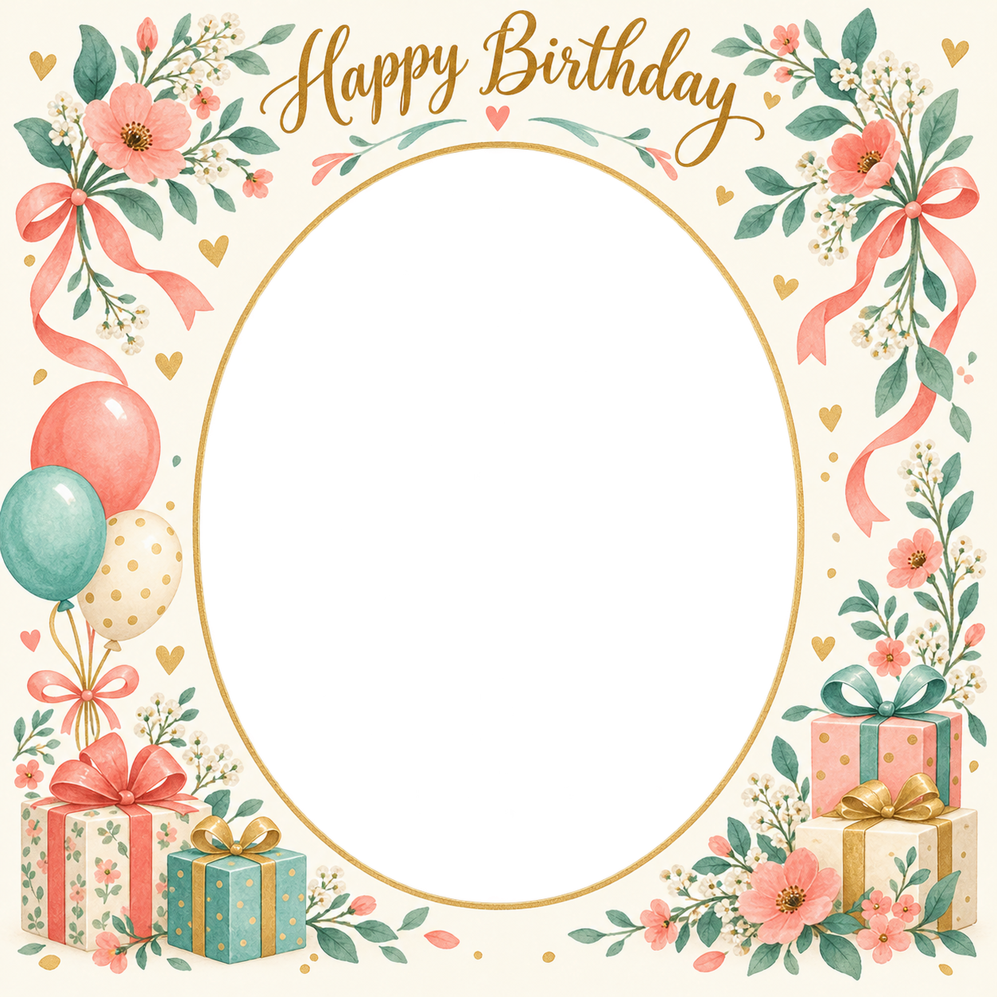 贈り物と小花の誕生日写真フレーム｜ハッピーバースデー・無料イラスト 100710に写真・文字を入れる