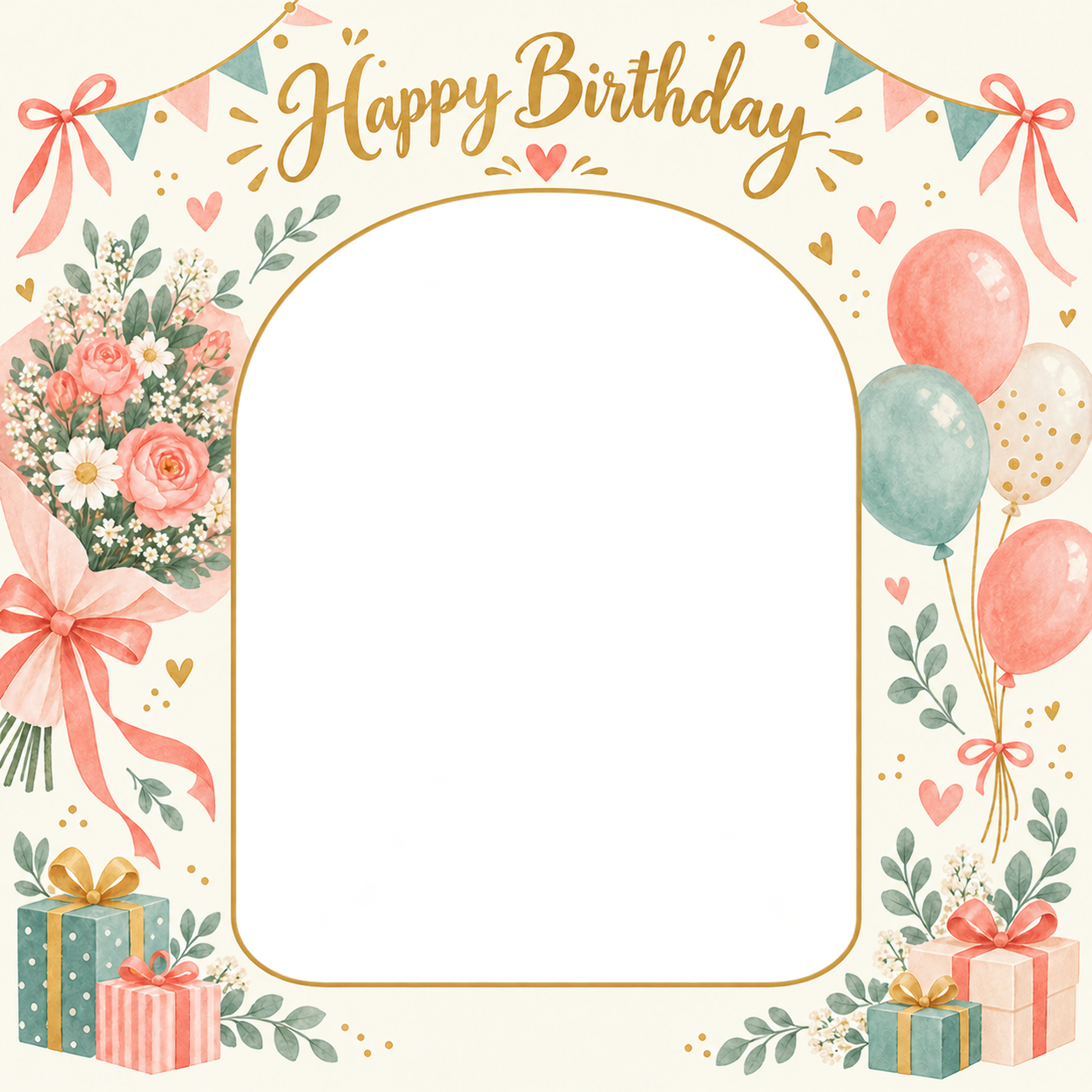 花束とガーランドの誕生日写真フレーム｜ハッピーバースデー・無料イラスト 100711に写真・文字を入れる