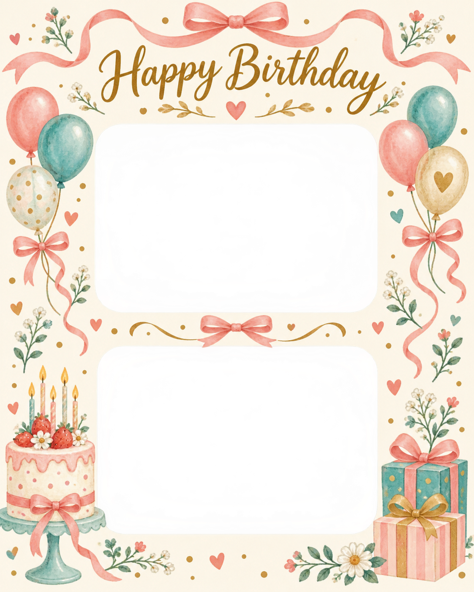 リボンとケーキの誕生日写真フレーム｜ハッピーバースデー・無料イラスト 100713に写真・文字を入れる