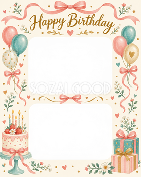リボンとケーキの誕生日写真フレーム｜ハッピーバースデー・無料イラスト 100713