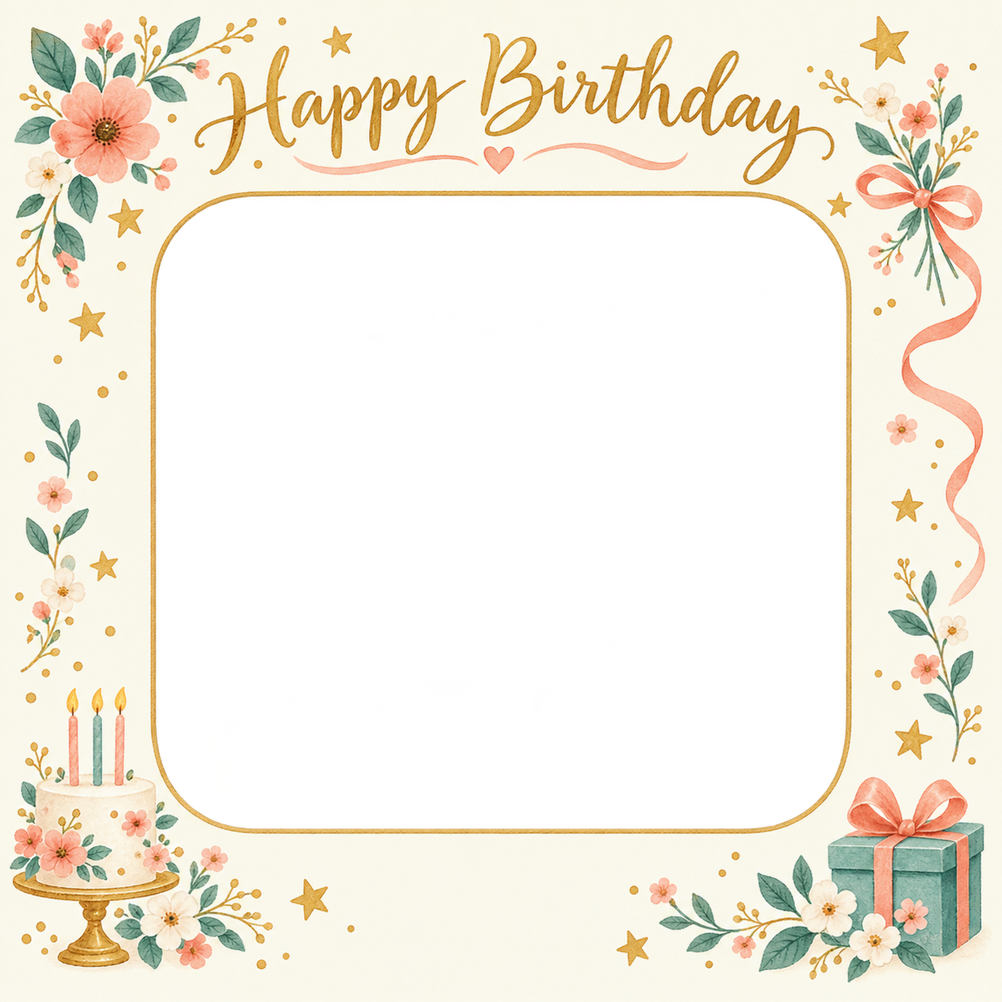 小花と星の誕生日写真フレーム｜ハッピーバースデー・無料イラスト 100714に写真・文字を入れる