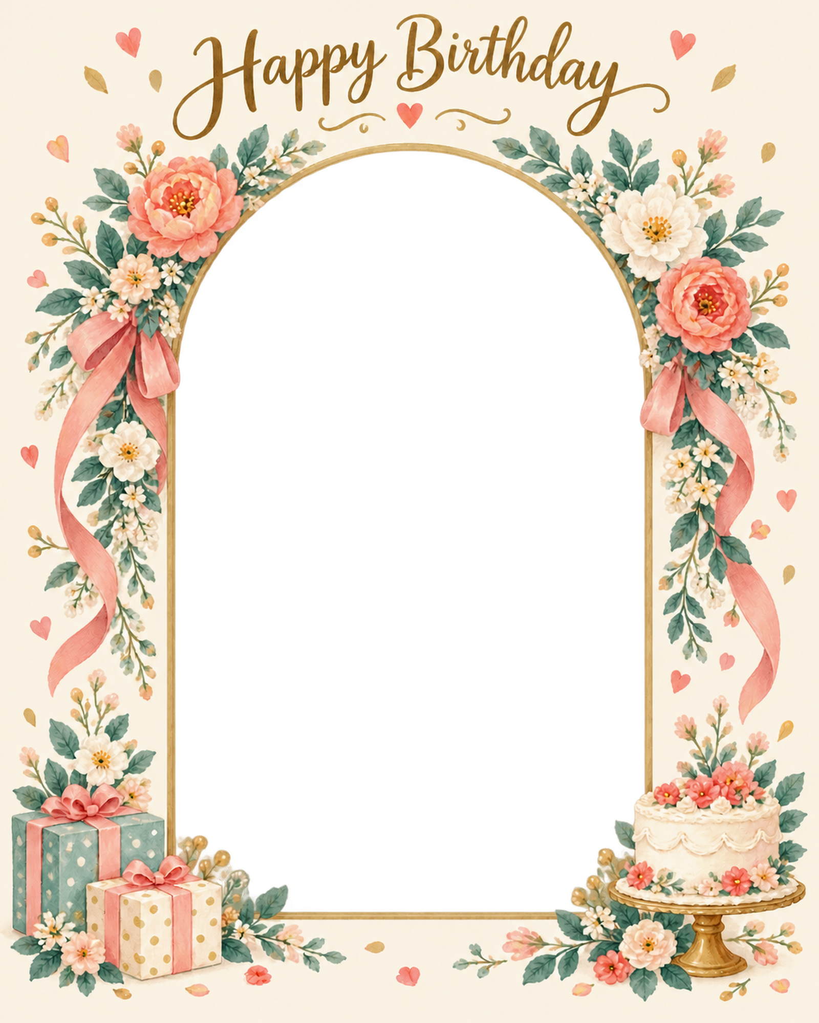 花のアーチの誕生日写真フレーム｜ハッピーバースデー・無料イラスト 100716に写真・文字を入れる