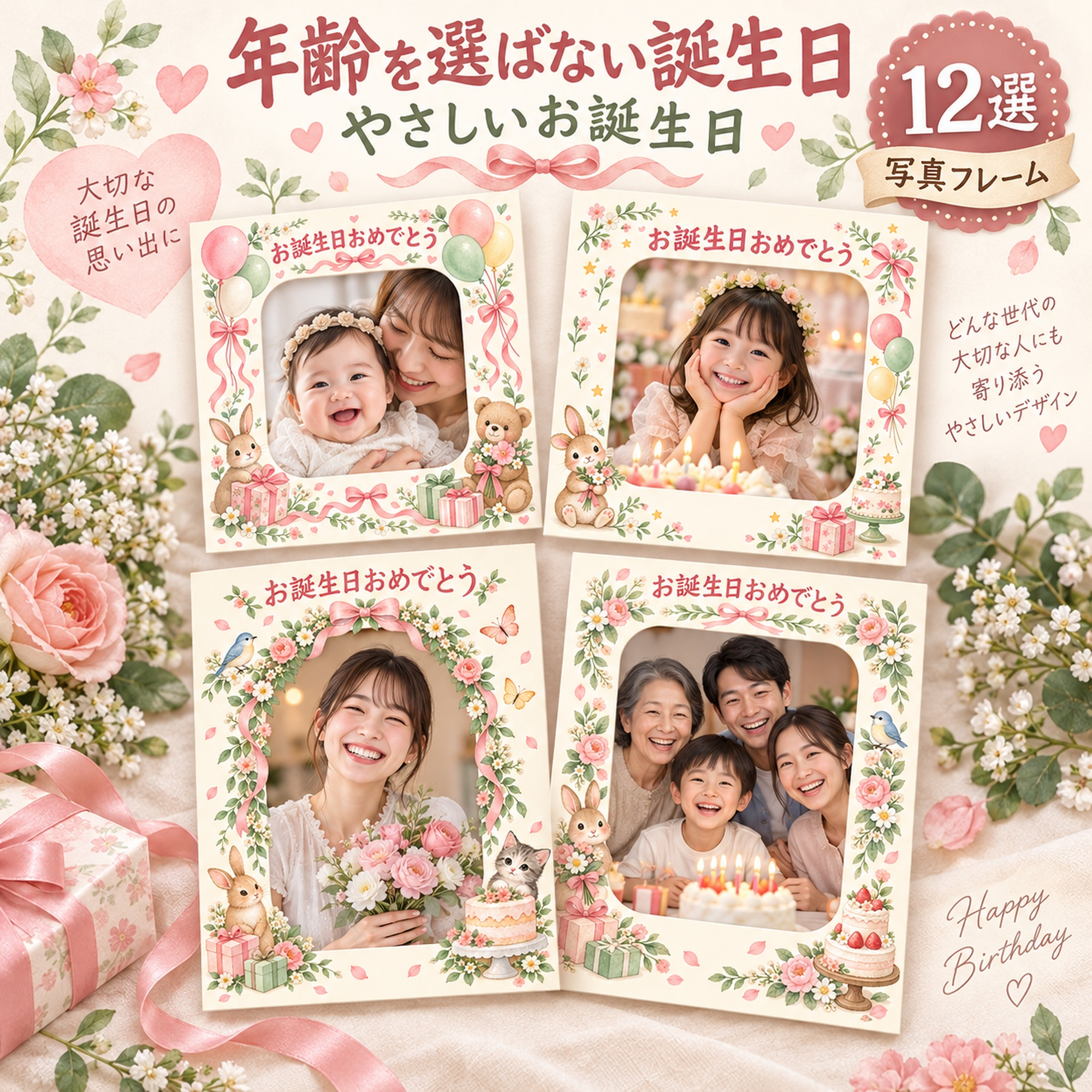 数字なし向け誕生日写真フレーム12選｜やさしいお誕生日の無料イラスト素材 100720に写真・文字を入れる