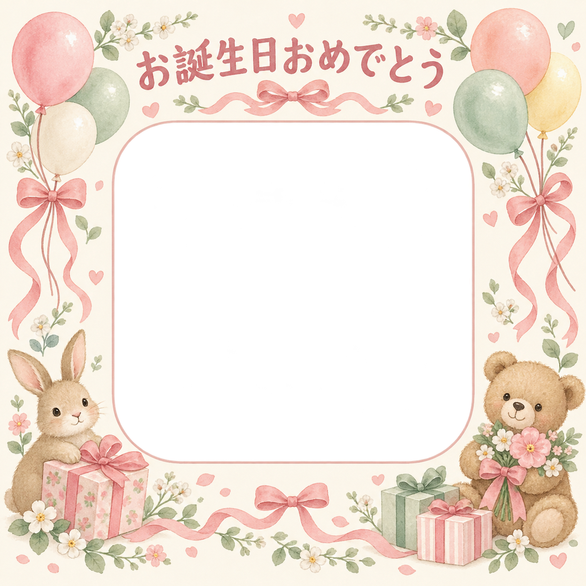 風船とリボンの誕生日写真フレーム｜やさしいお誕生日・無料イラスト 100721に写真・文字を入れる