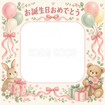 風船とリボンの誕生日写真フレーム｜やさしいお誕生日・無料イラスト 100721