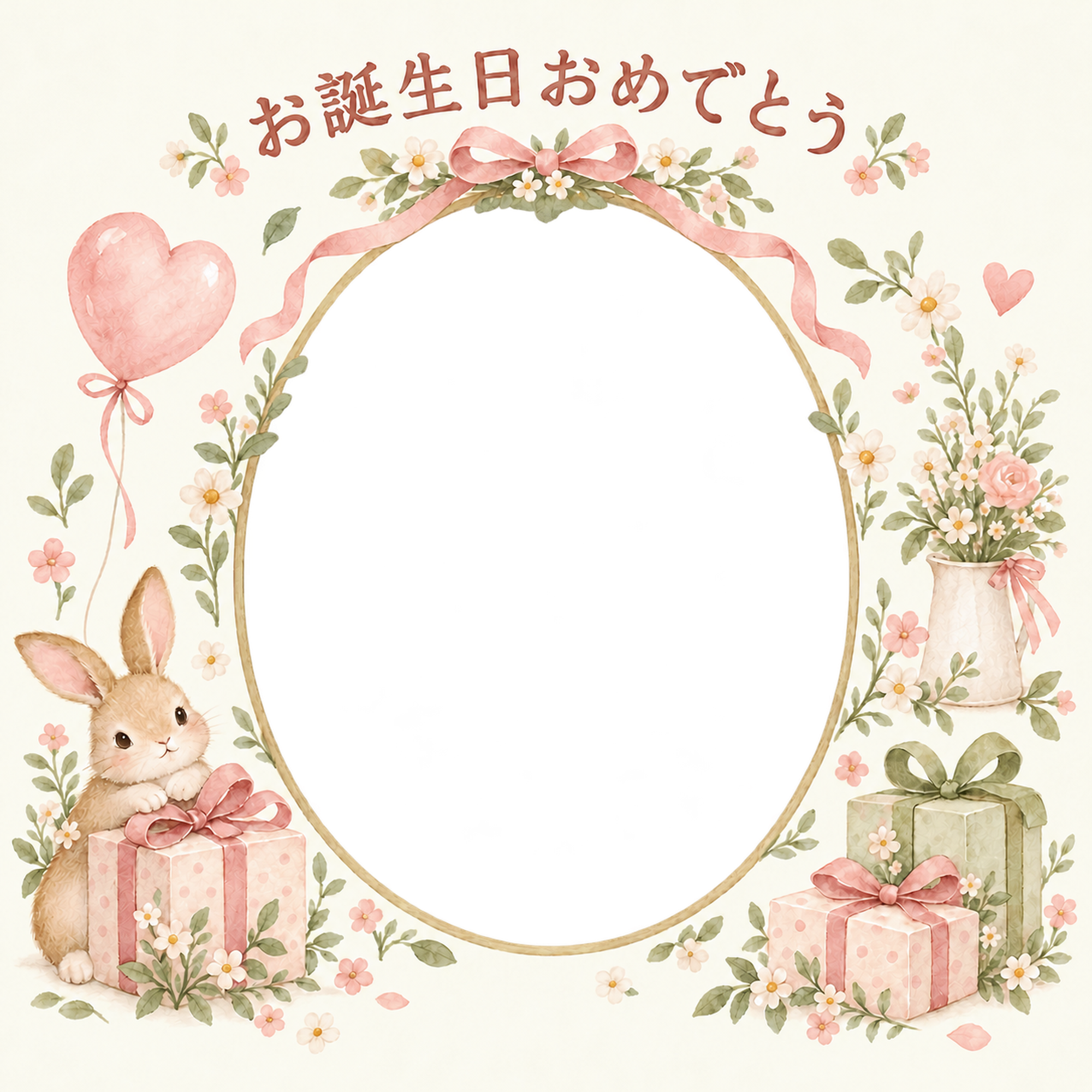 贈り物と小花の誕生日写真フレーム｜やさしいお誕生日・無料イラスト 100723に写真・文字を入れる