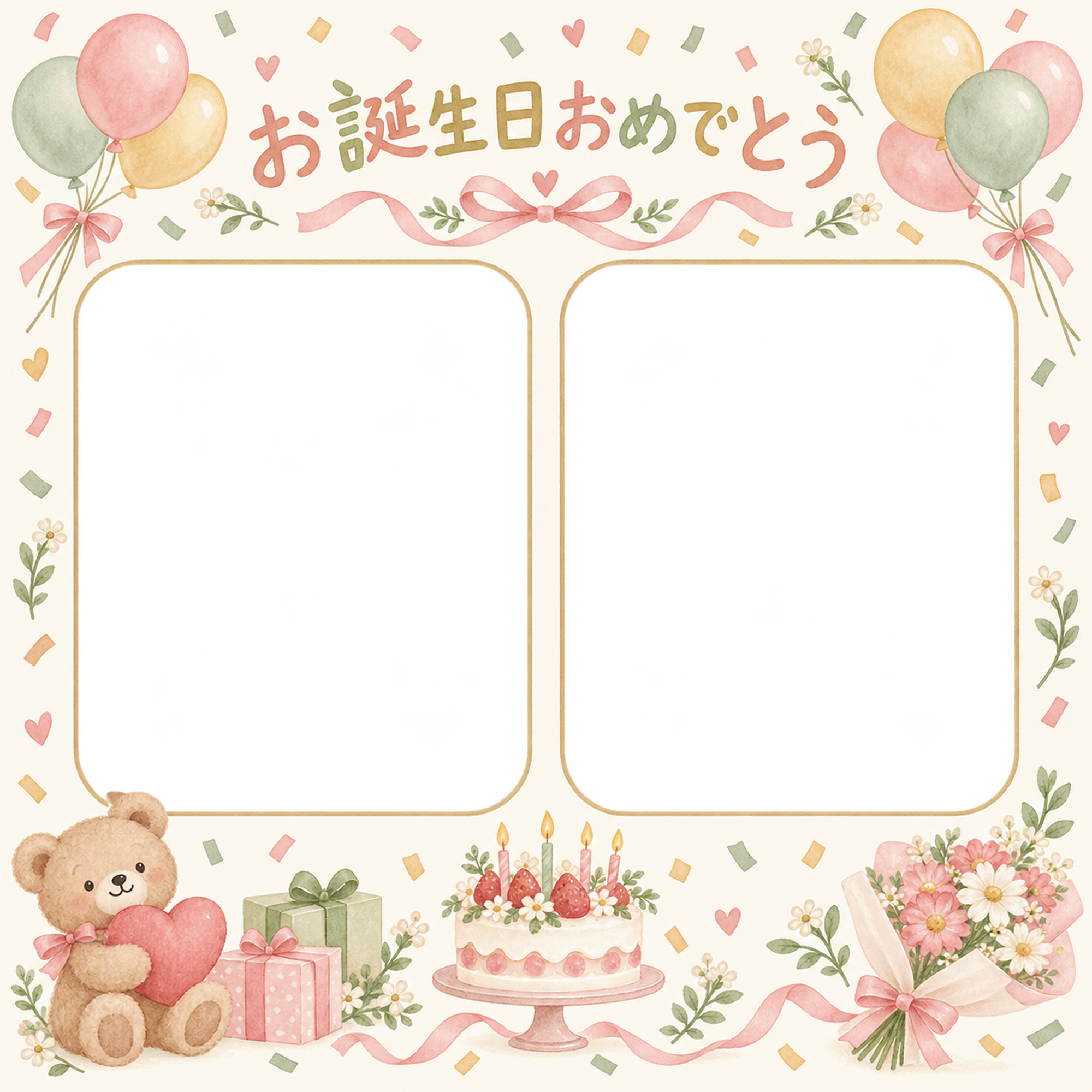 紙吹雪と風船の誕生日写真フレーム｜やさしいお誕生日・無料イラスト 100725に写真・文字を入れる