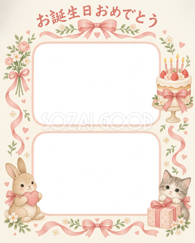リボンとケーキの誕生日写真フレーム｜やさしいお誕生日・無料イラスト 100726