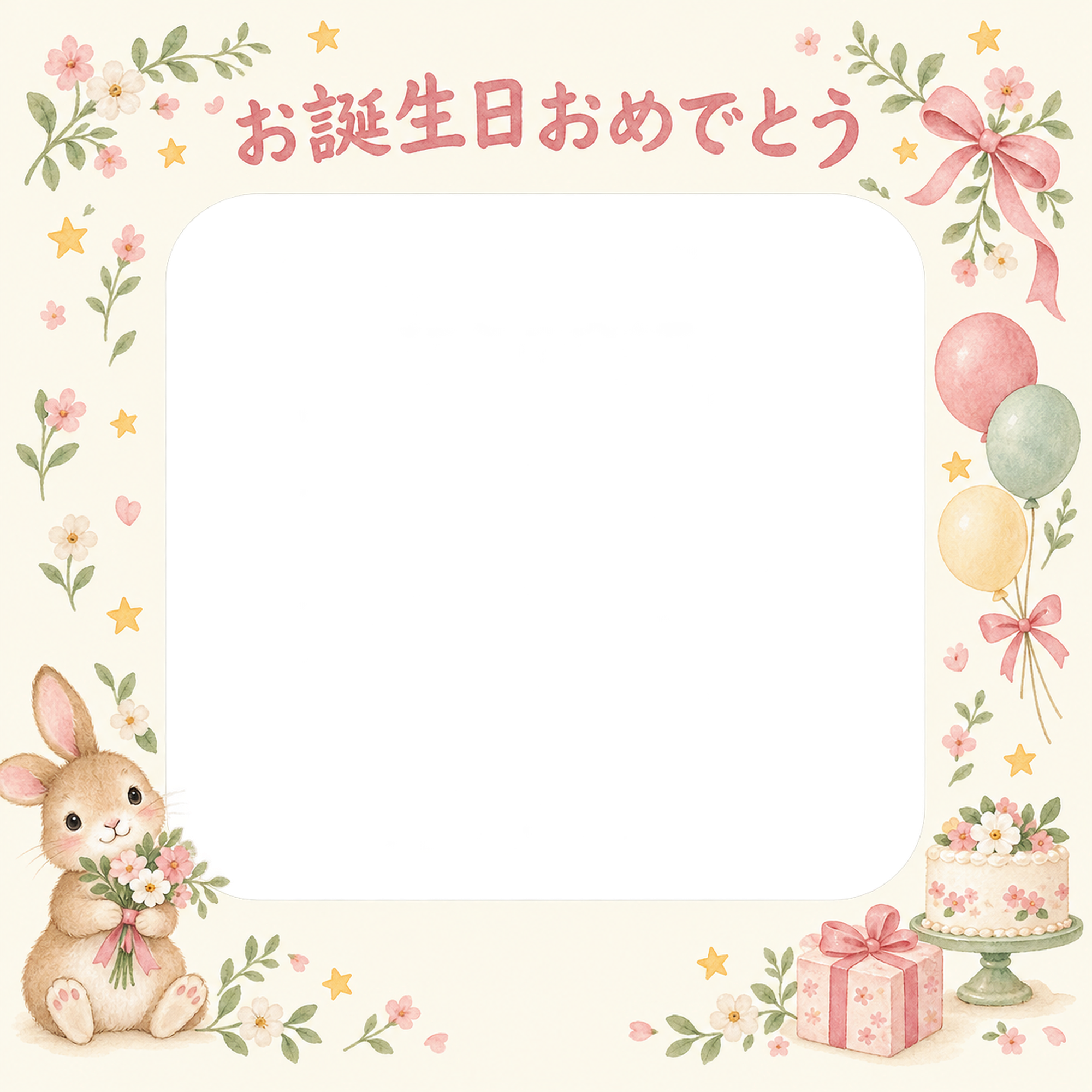 小花と星の誕生日写真フレーム｜やさしいお誕生日・無料イラスト 100727に写真・文字を入れる