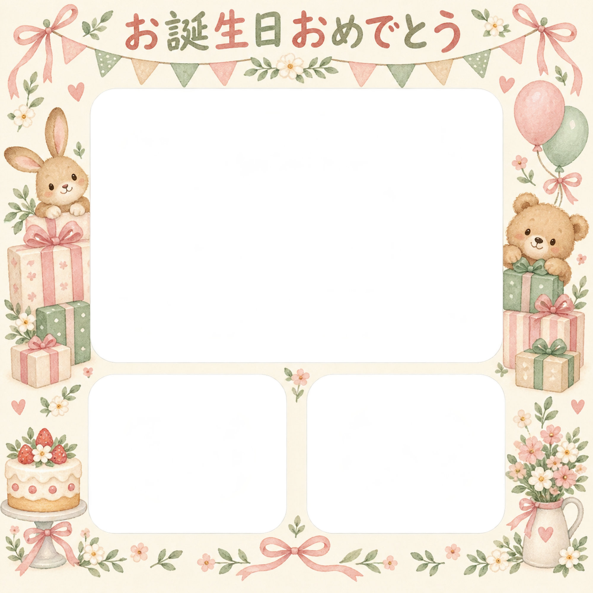 贈り物とガーランドの誕生日写真フレーム｜やさしいお誕生日・無料イラスト 100728に写真・文字を入れる