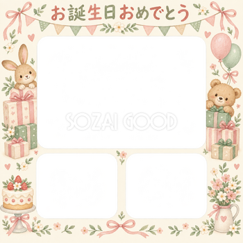 贈り物とガーランドの誕生日写真フレーム｜やさしいお誕生日・無料イラスト 100728
