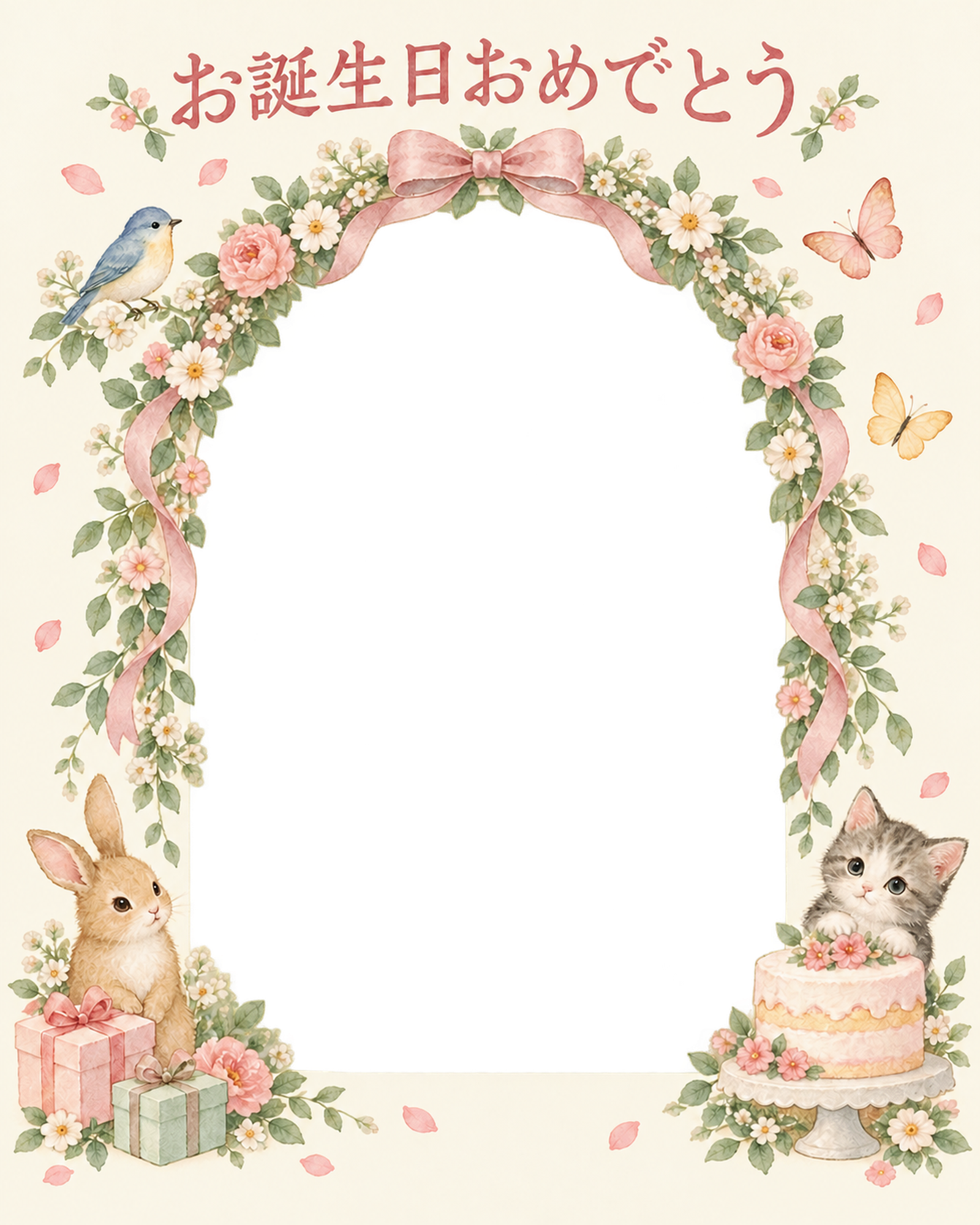 花のアーチの誕生日写真フレーム｜やさしいお誕生日・無料イラスト 100729に写真・文字を入れる