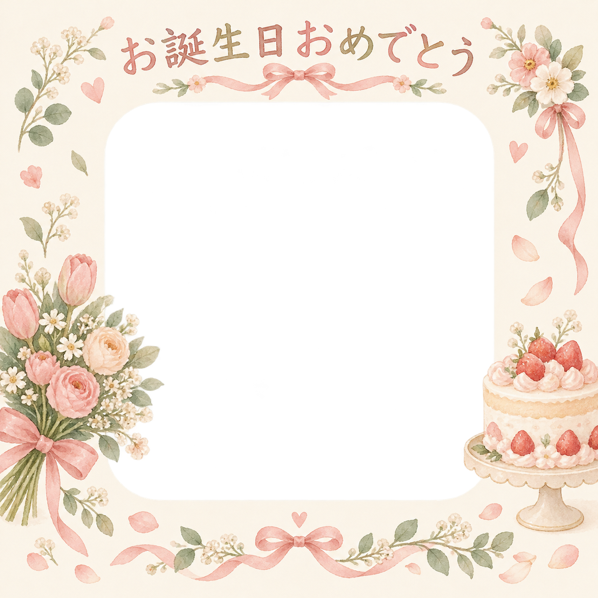 ケーキと花束の誕生日写真フレーム｜やさしいお誕生日・無料イラスト 100730に写真・文字を入れる