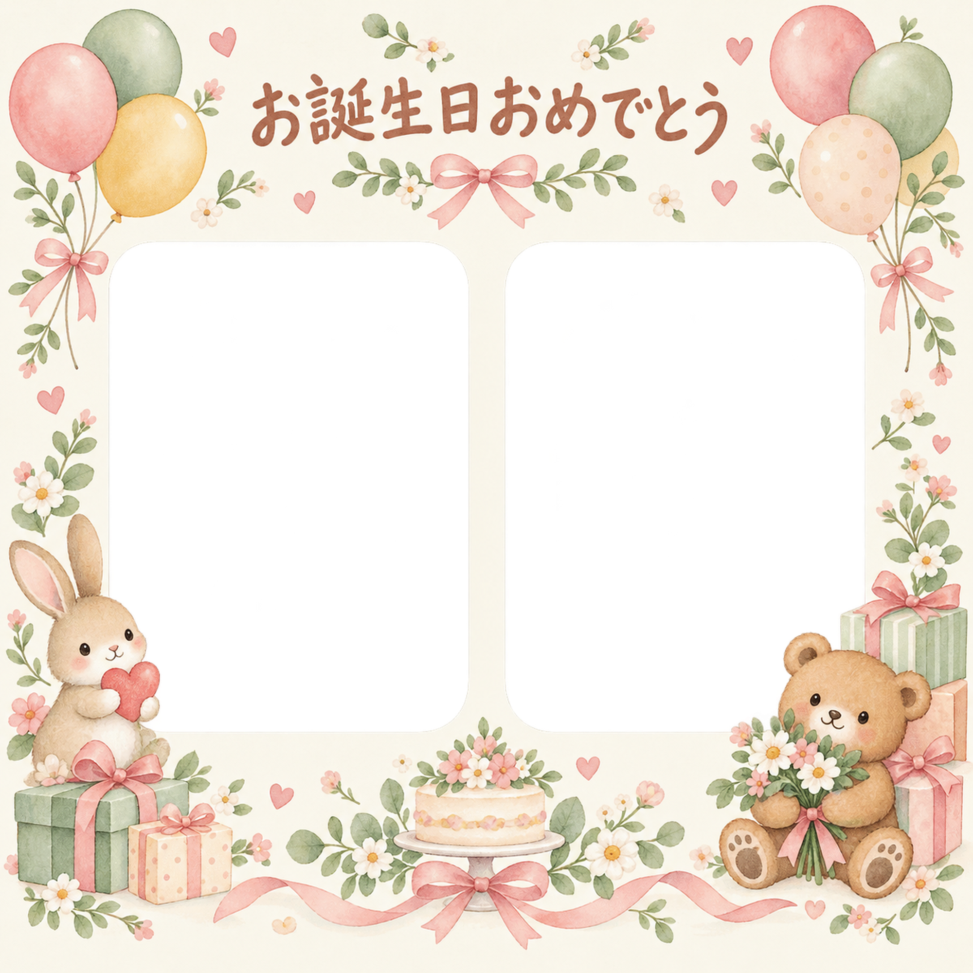 風船と贈り物の誕生日写真フレーム｜やさしいお誕生日・無料イラスト 100731に写真・文字を入れる