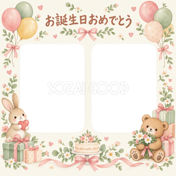 風船と贈り物の誕生日写真フレーム｜やさしいお誕生日・無料イラスト 100731