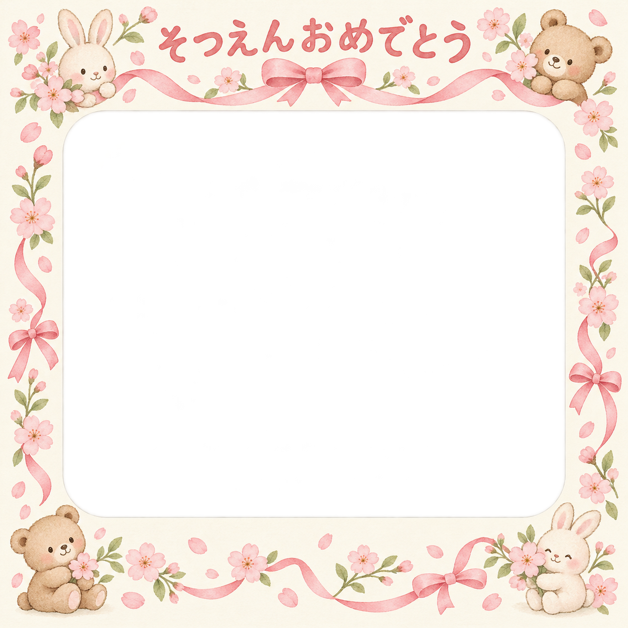 桜とリボンの保育園の卒園写真フレーム｜桜と動物・無料イラスト 100734に写真・文字を入れる