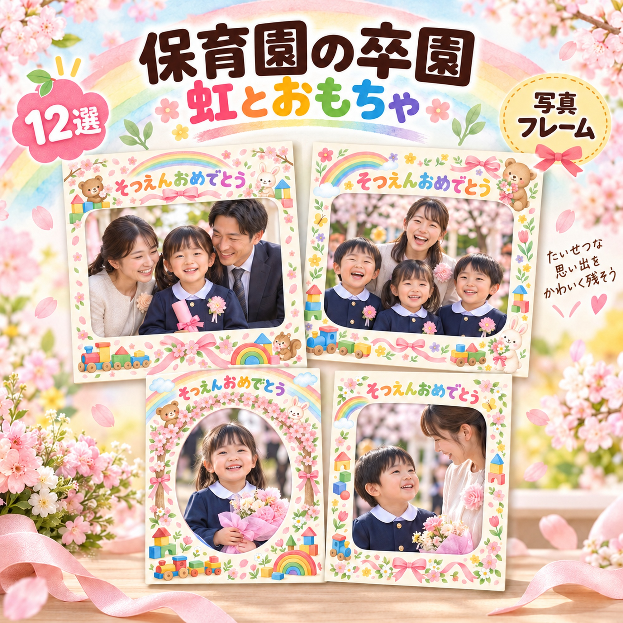 保育園の卒園写真フレーム12選｜虹とおもちゃの無料イラスト素材 100746に写真・文字を入れる