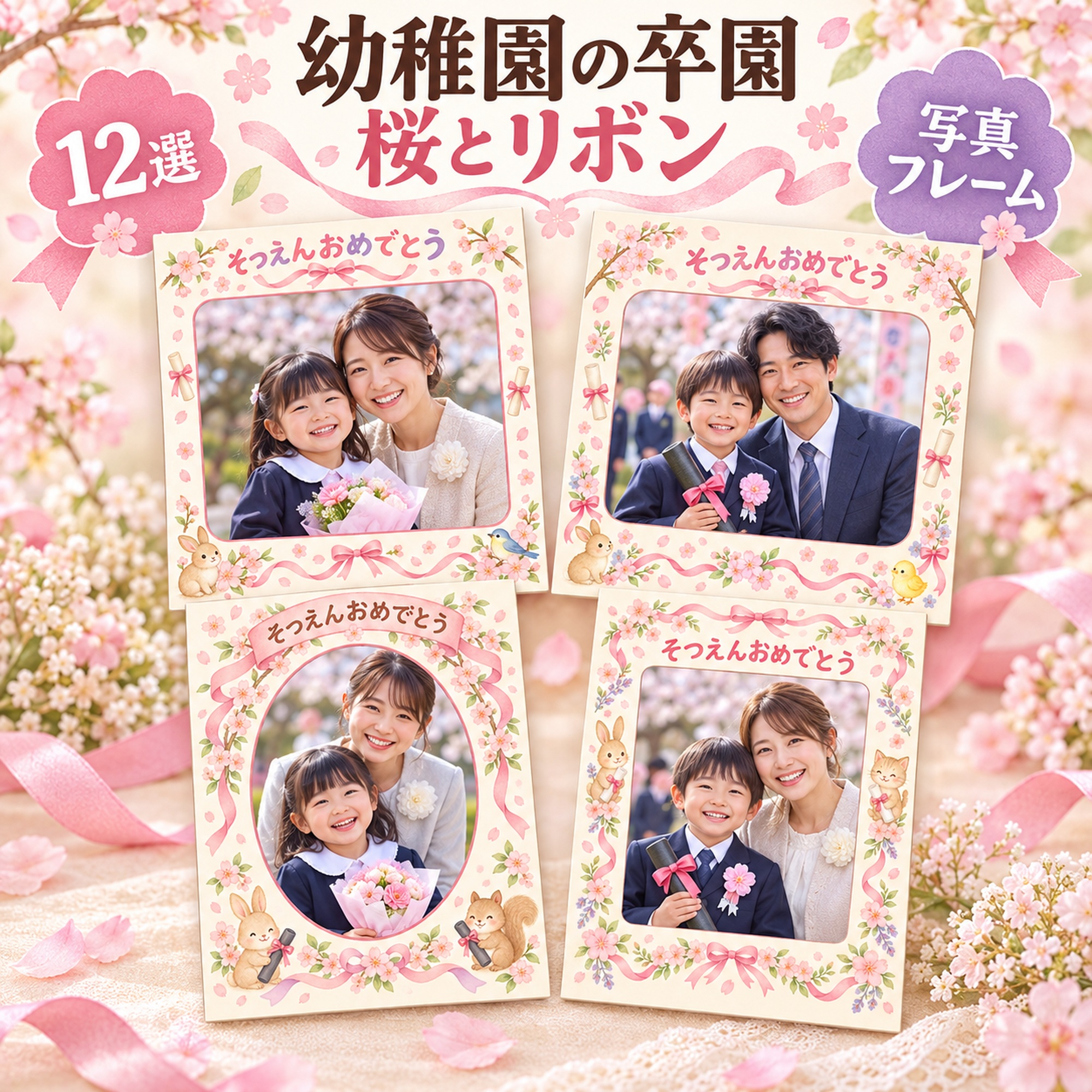 幼稚園の卒園写真フレーム12選｜桜とリボンの無料イラスト素材 100759に写真・文字を入れる