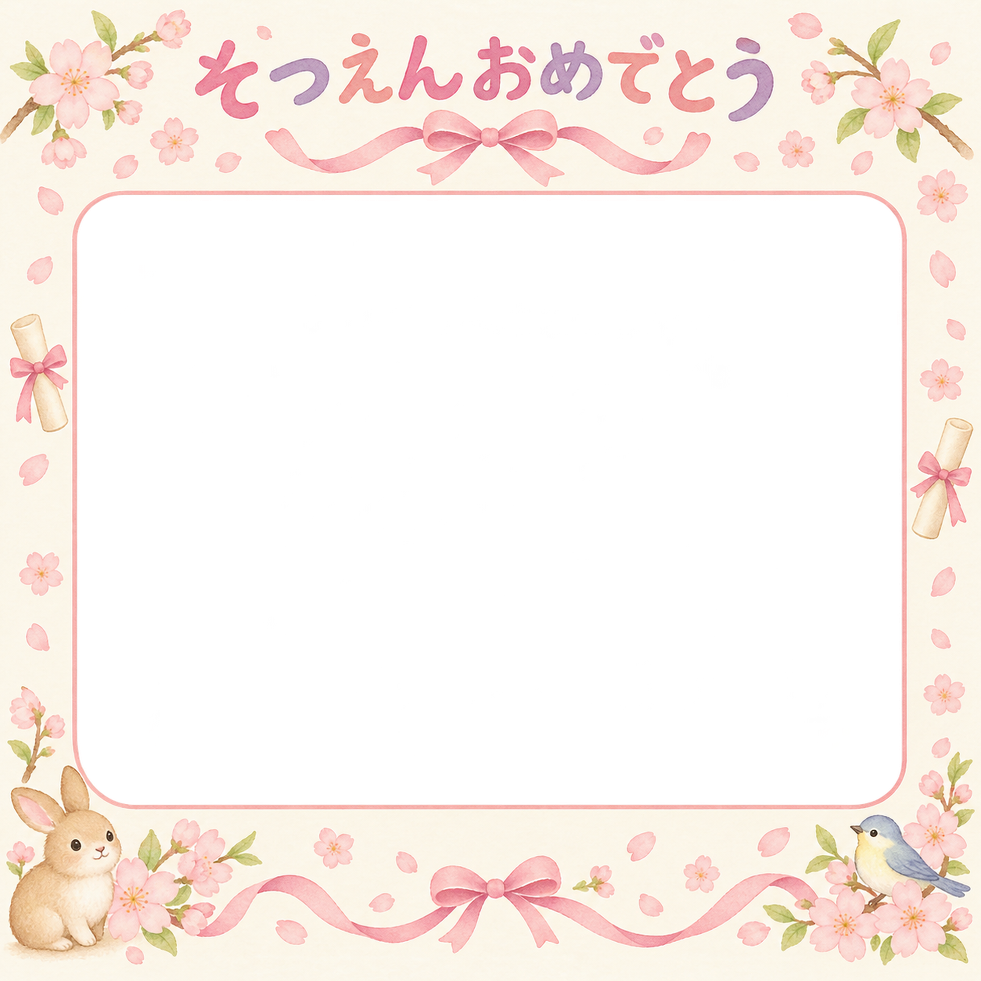 桜とリボンの幼稚園の卒園写真フレーム｜桜とリボン・無料イラスト 100760に写真・文字を入れる