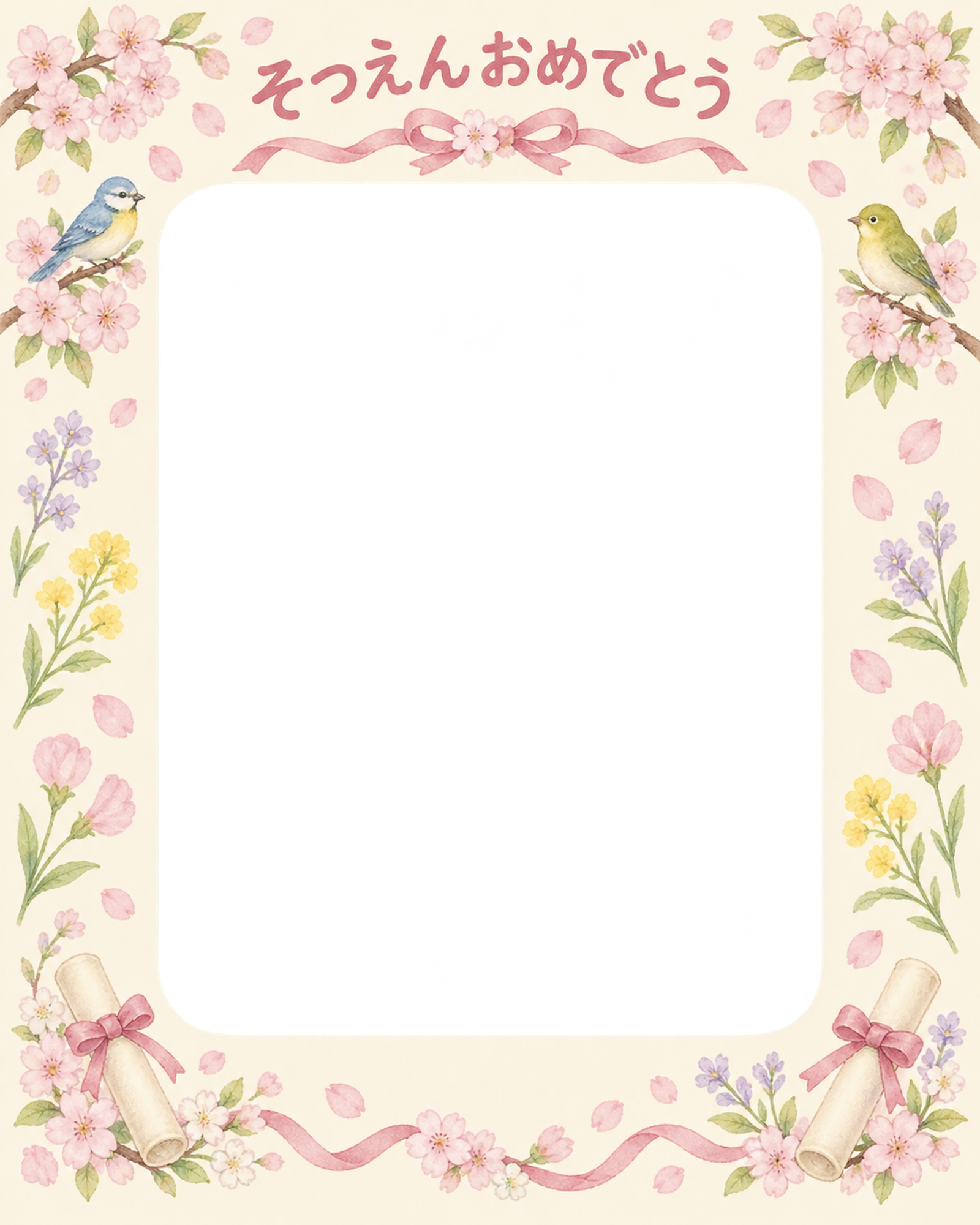 春の花と小鳥の幼稚園の卒園写真フレーム｜桜とリボン・無料イラスト 100761に写真・文字を入れる