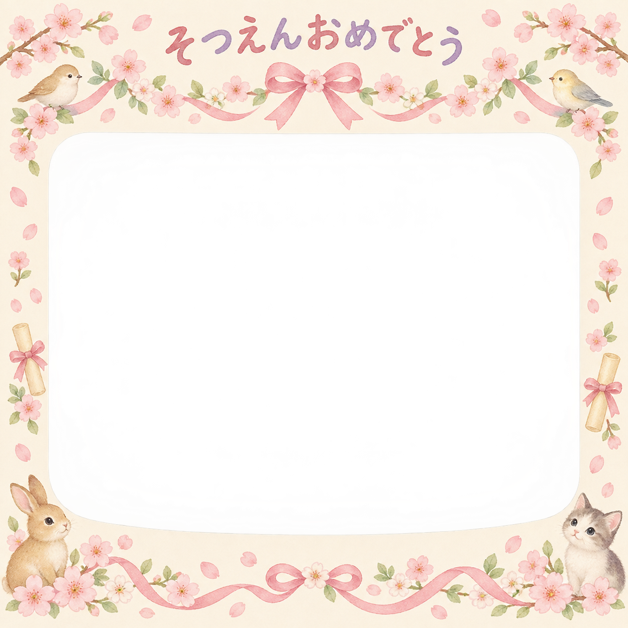 花のガーランドの幼稚園の卒園写真フレーム｜桜とリボン・無料イラスト 100763に写真・文字を入れる