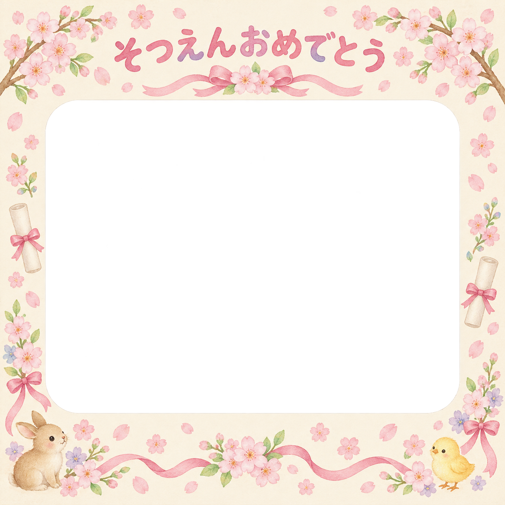 花とお祝い飾りの幼稚園の卒園写真フレーム｜桜とリボン・無料イラスト 100766に写真・文字を入れる