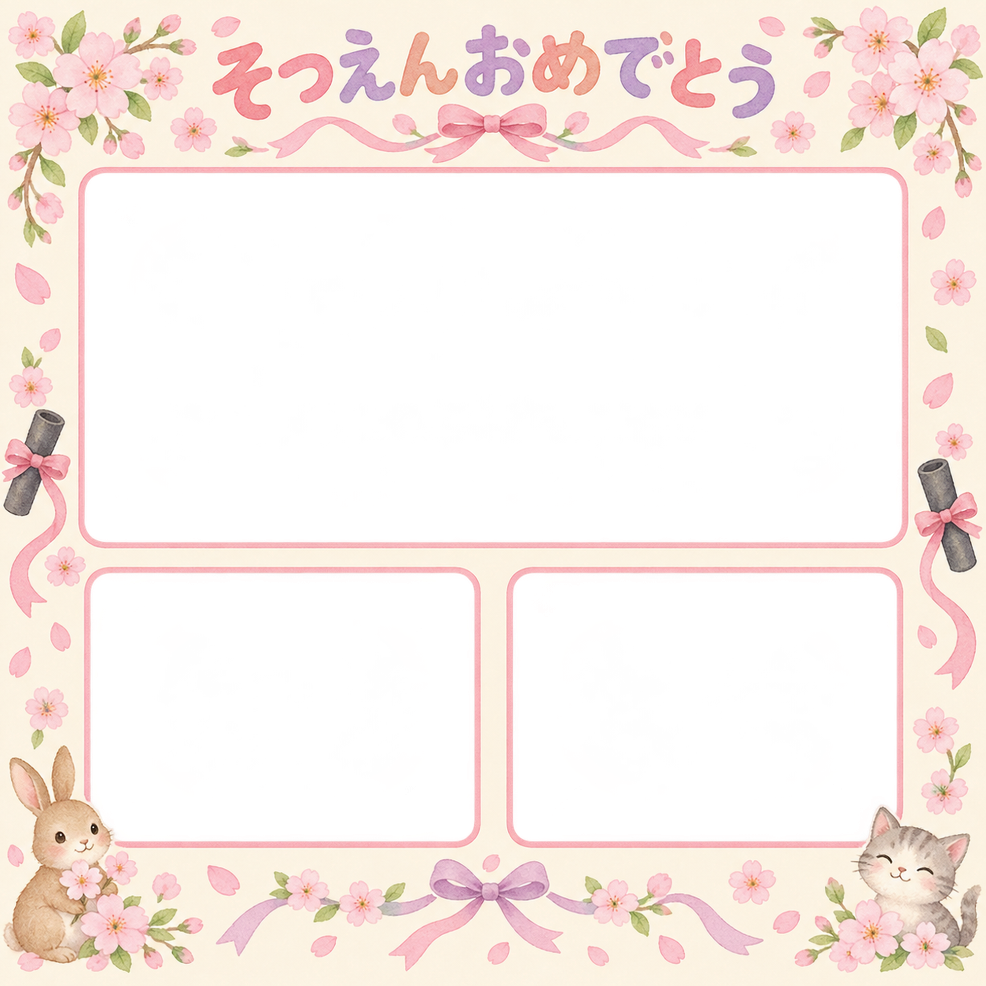みんなの思い出の幼稚園の卒園写真フレーム｜桜とリボン・無料イラスト 100767に写真・文字を入れる