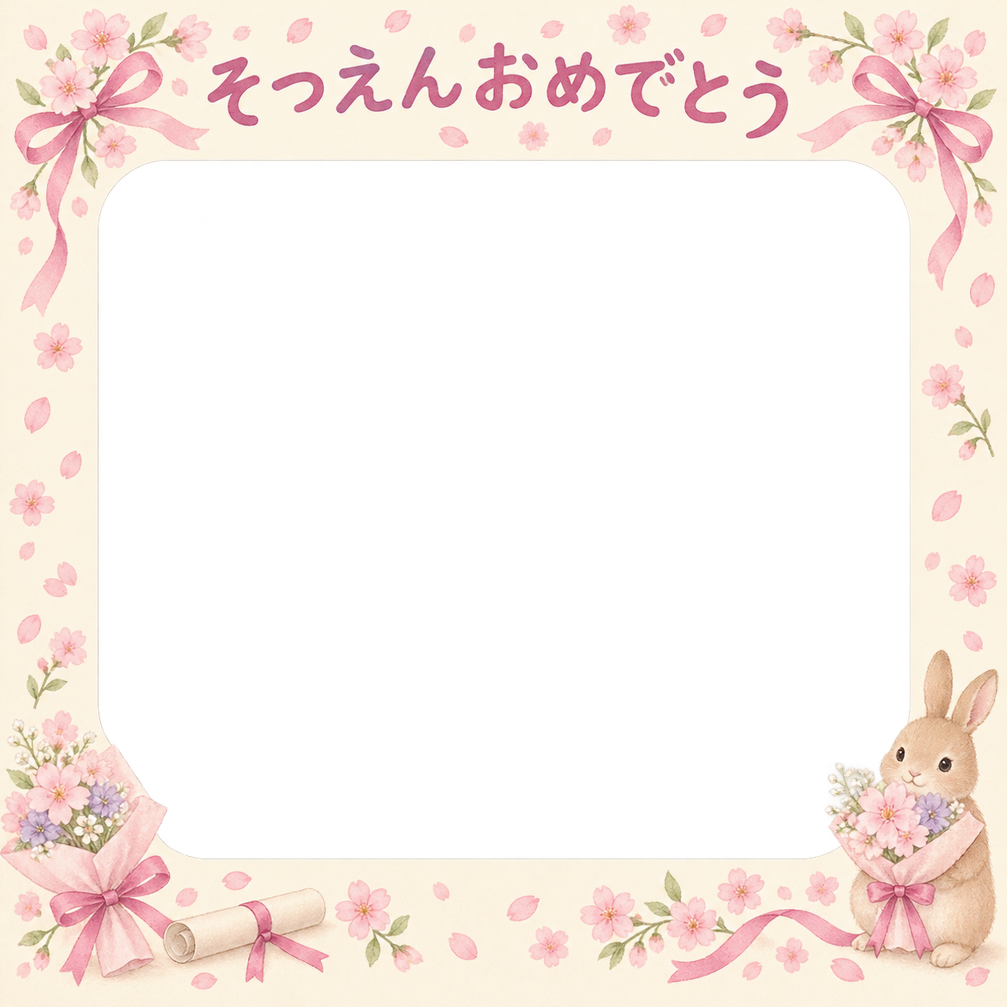 花束とリボンの幼稚園の卒園写真フレーム｜桜とリボン・無料イラスト 100769に写真・文字を入れる