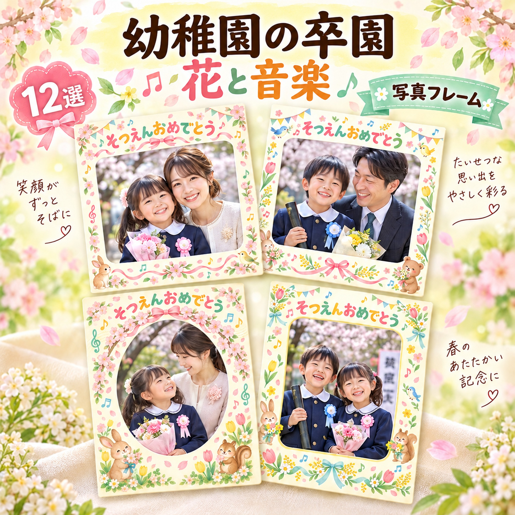 幼稚園の卒園写真フレーム12選｜花と音楽の無料イラスト素材 100772に写真・文字を入れる