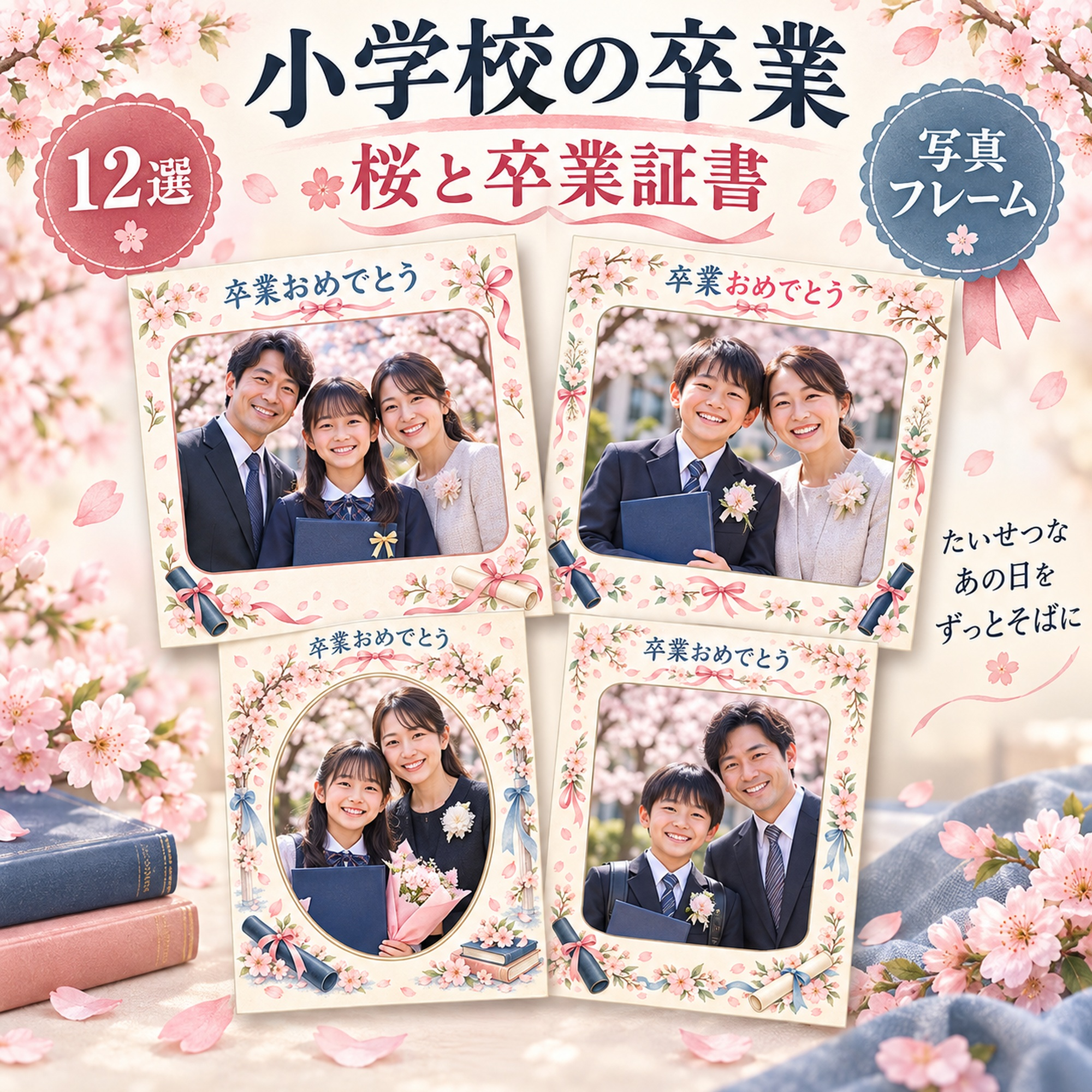 小学校の卒業写真フレーム12選｜桜と卒業証書の無料イラスト素材 100785に写真・文字を入れる