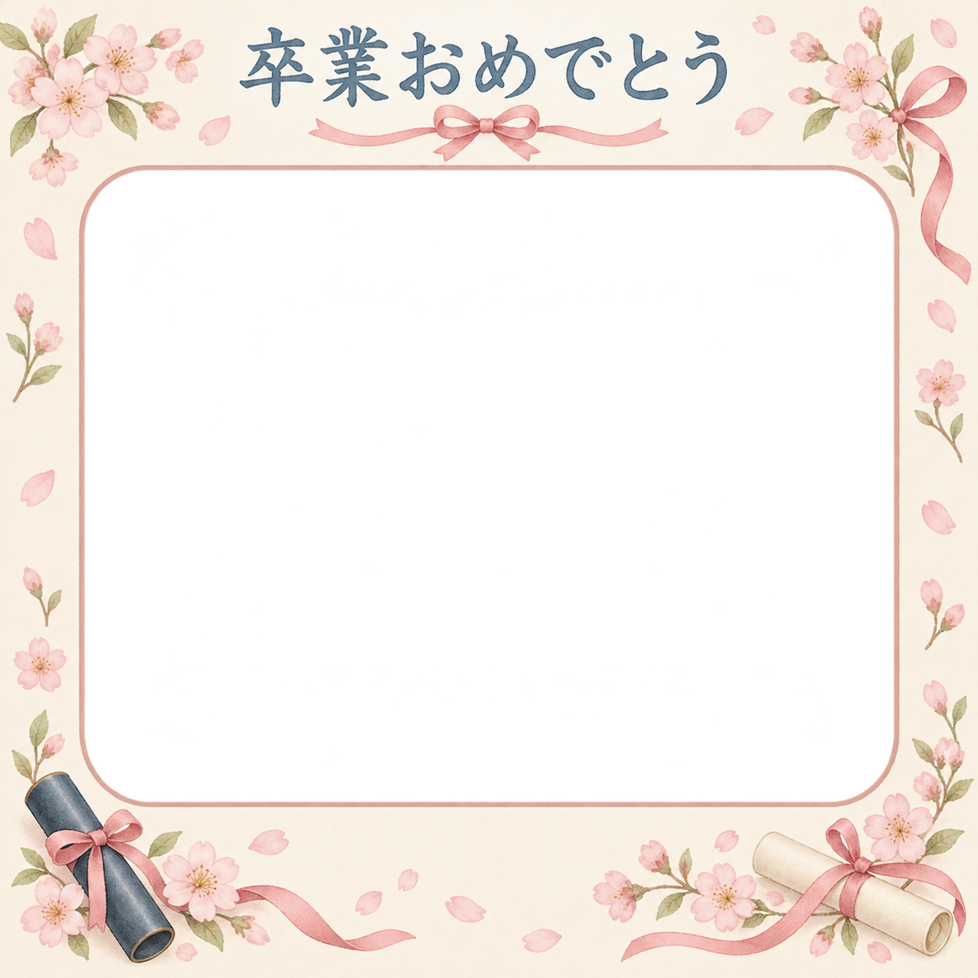 桜とリボンの小学校の卒業写真フレーム｜桜と卒業証書・無料イラスト 100786に写真・文字を入れる