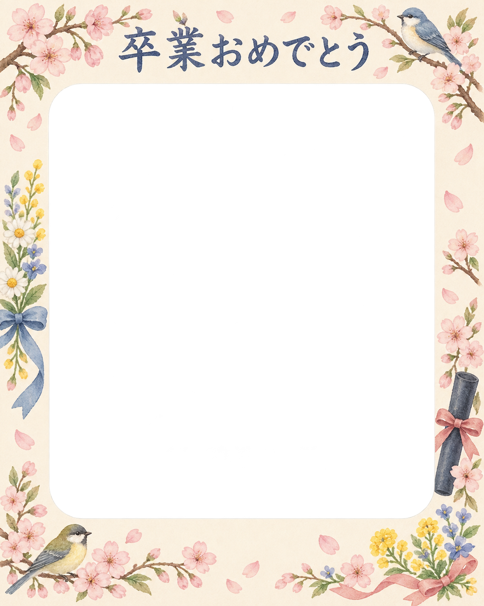 春の花と小鳥の小学校の卒業写真フレーム｜桜と卒業証書・無料イラスト 100787に写真・文字を入れる